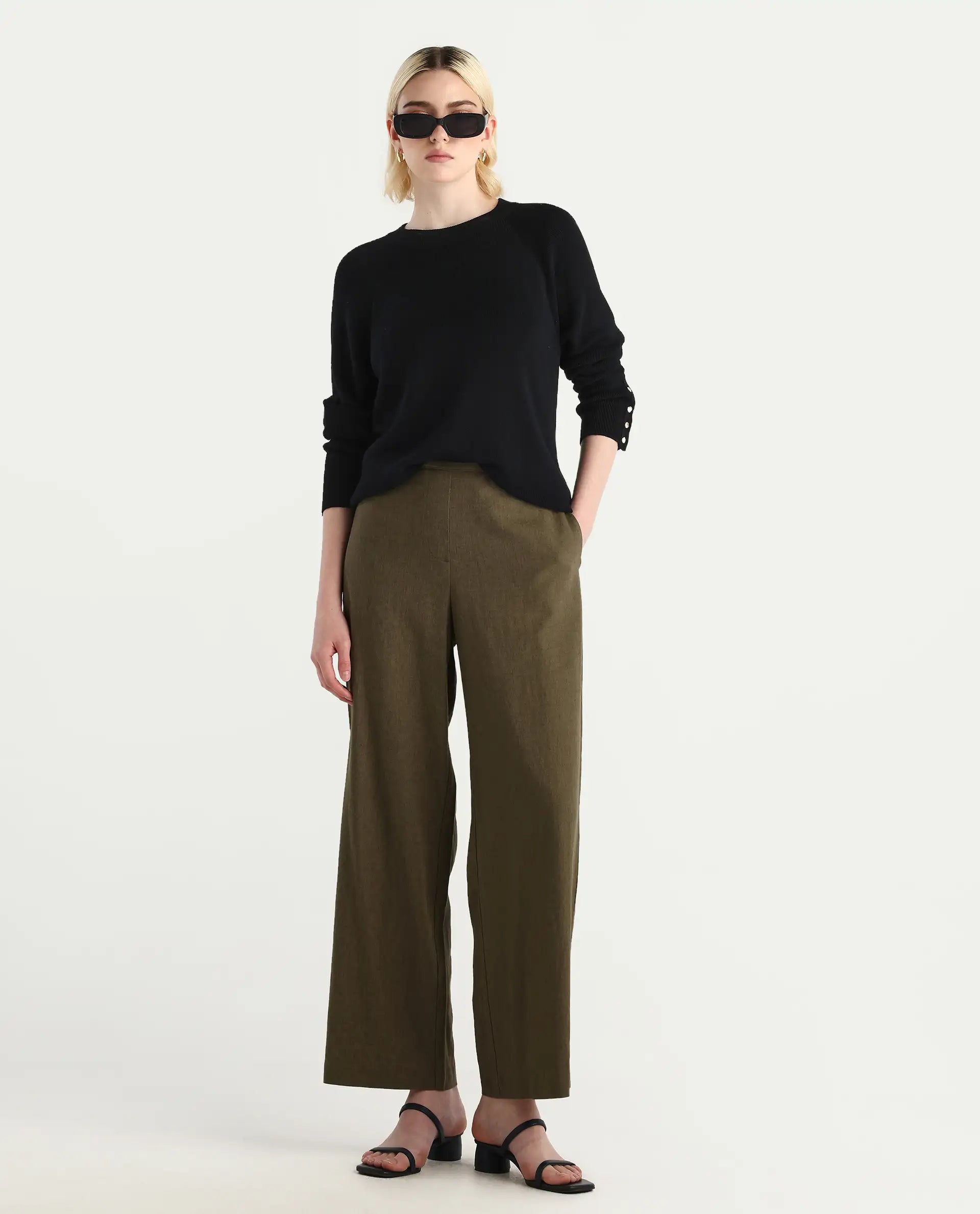 Rareism Women's Zora Black Viscose Blend Crew Neck Relaxed Fit Sweater