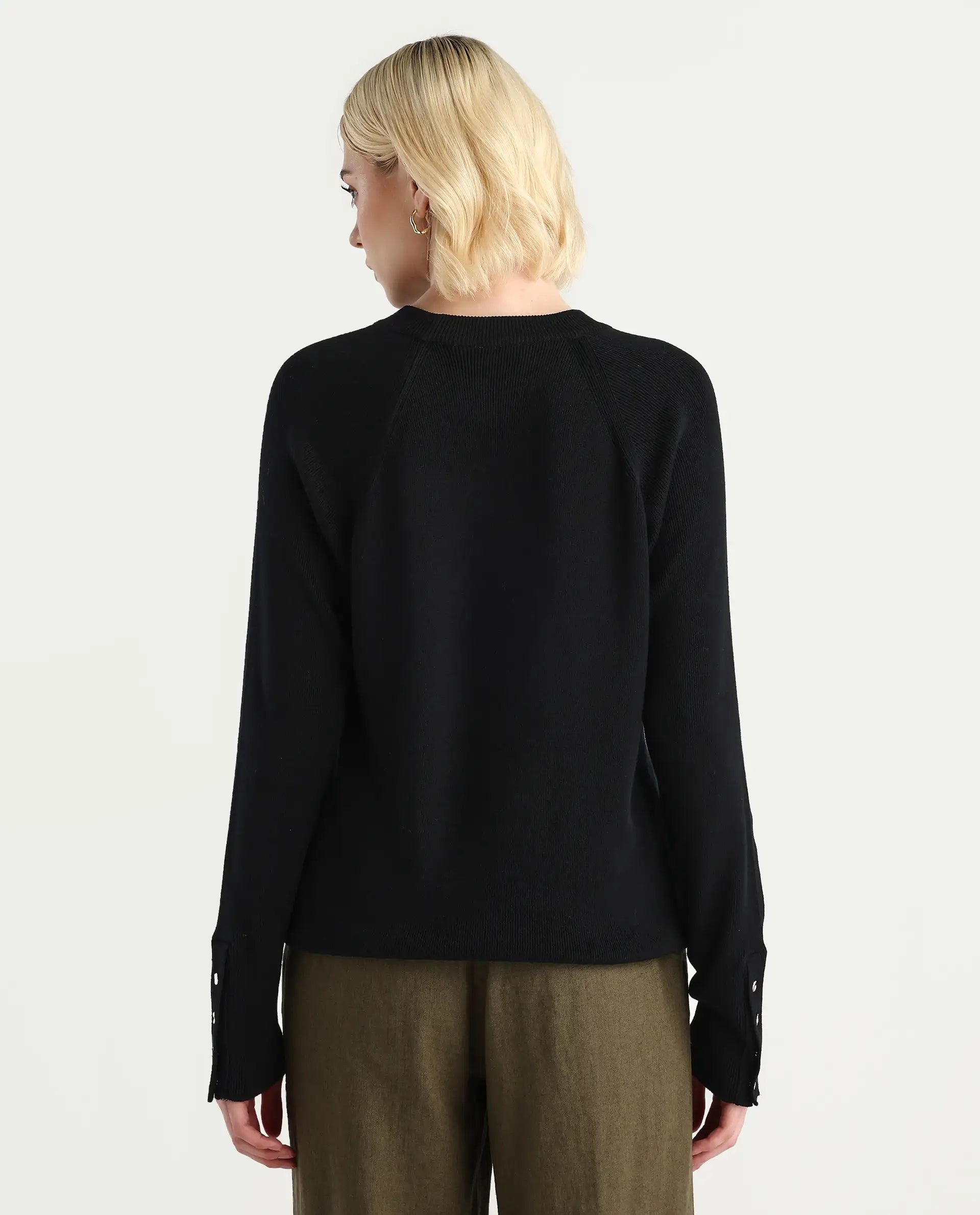 Rareism Women's Zora Black Viscose Blend Crew Neck Relaxed Fit Sweater