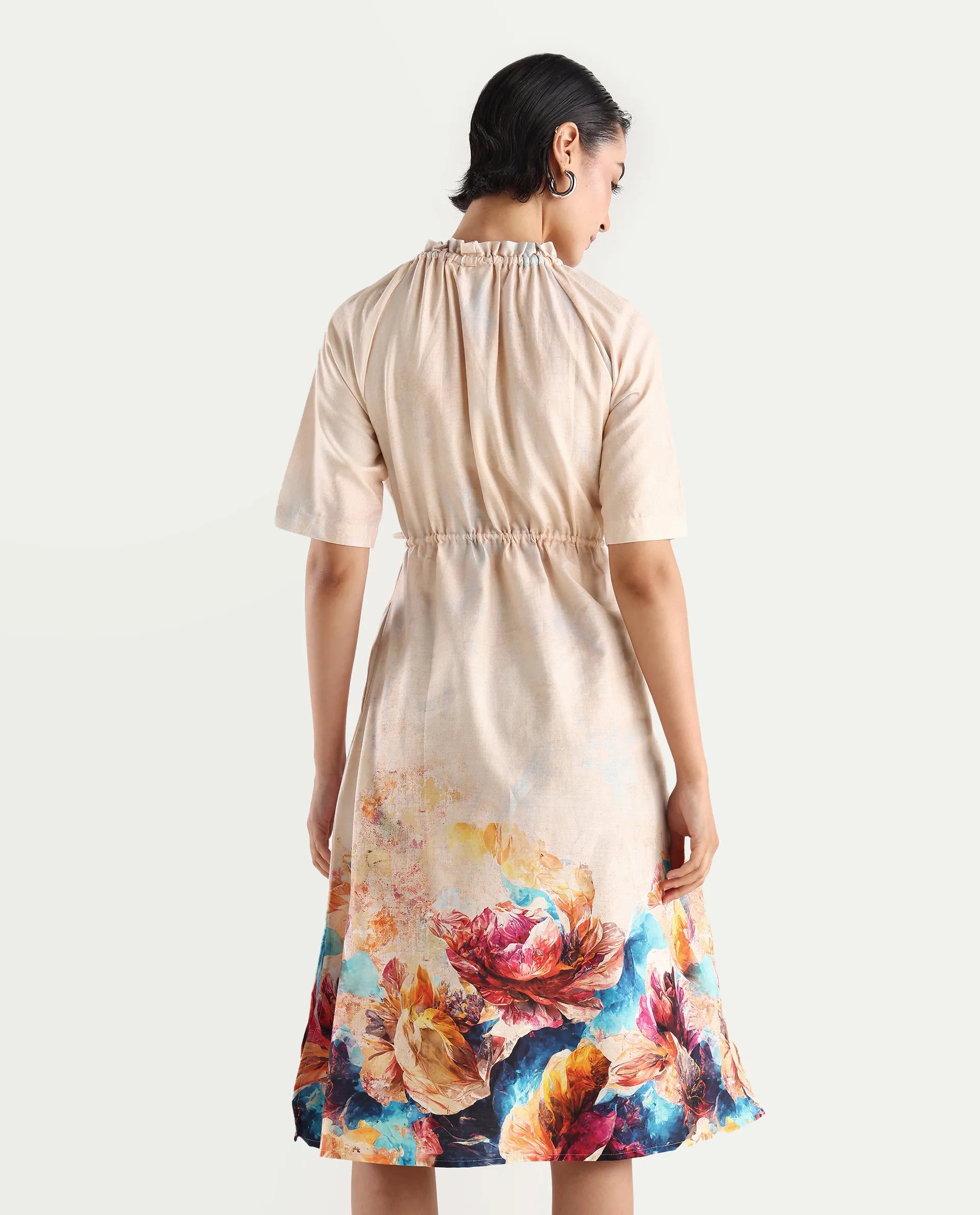 Rareism Women's Zushi Multi Cotton Blend Ruffled Neck Floral Print Raglan Sleeve Knee Length A-Line Dress
