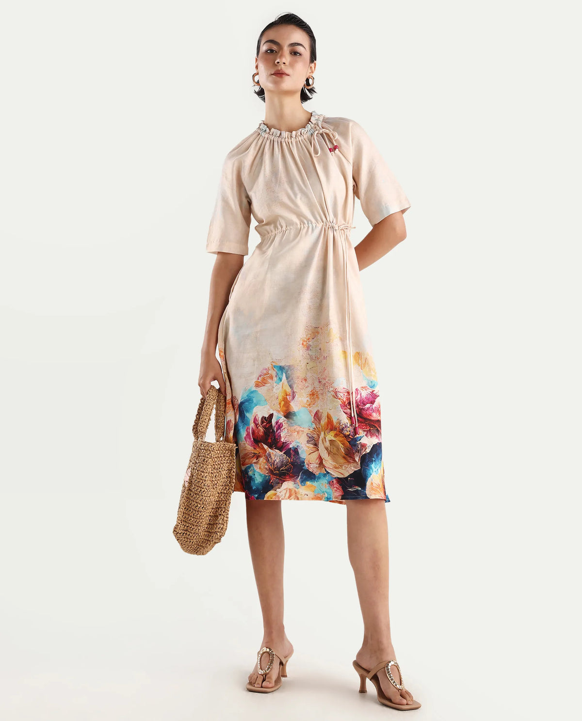 Rareism Women's Zushi Multi Cotton Blend Ruffled Neck Floral Print Raglan Sleeve Knee Length A-Line Dress