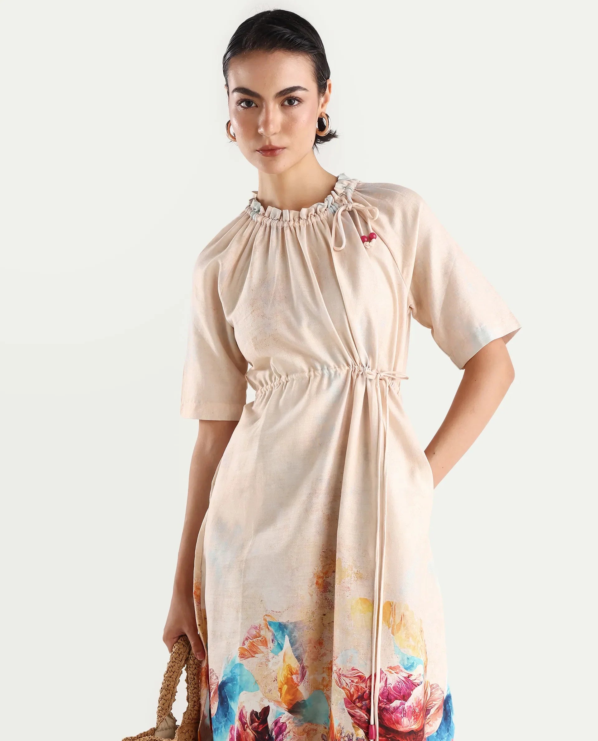 Rareism Women's Zushi Multi Cotton Blend Ruffled Neck Floral Print Raglan Sleeve Knee Length A-Line Dress