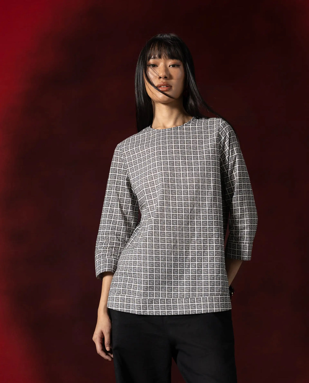 Rareism Women's Mahj Beige Geometric Cotton A-Line Three Quarter Sleeve Top