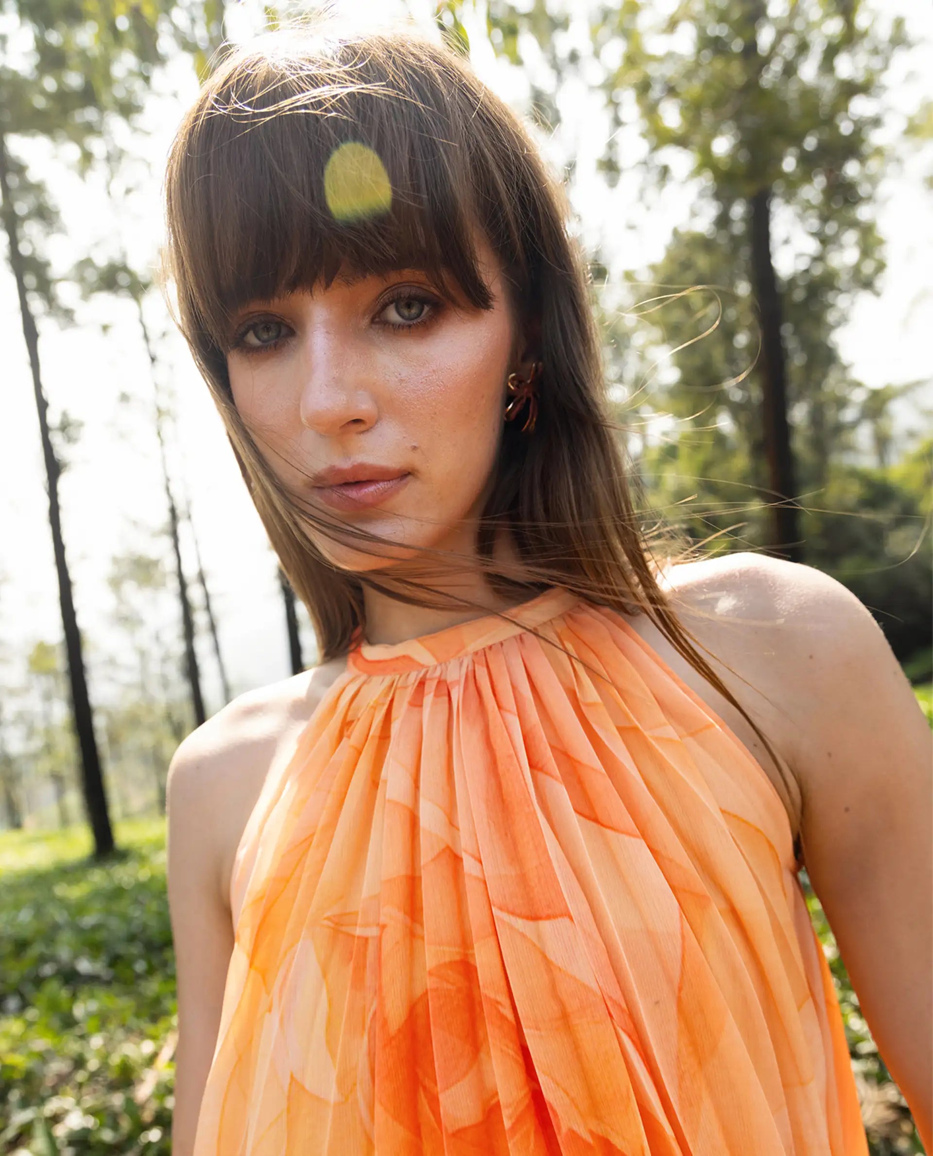 Rareism Women's Mlare Yellow Cotton Blend Sleeveless Halter Neck A-Line Floral Print Dress