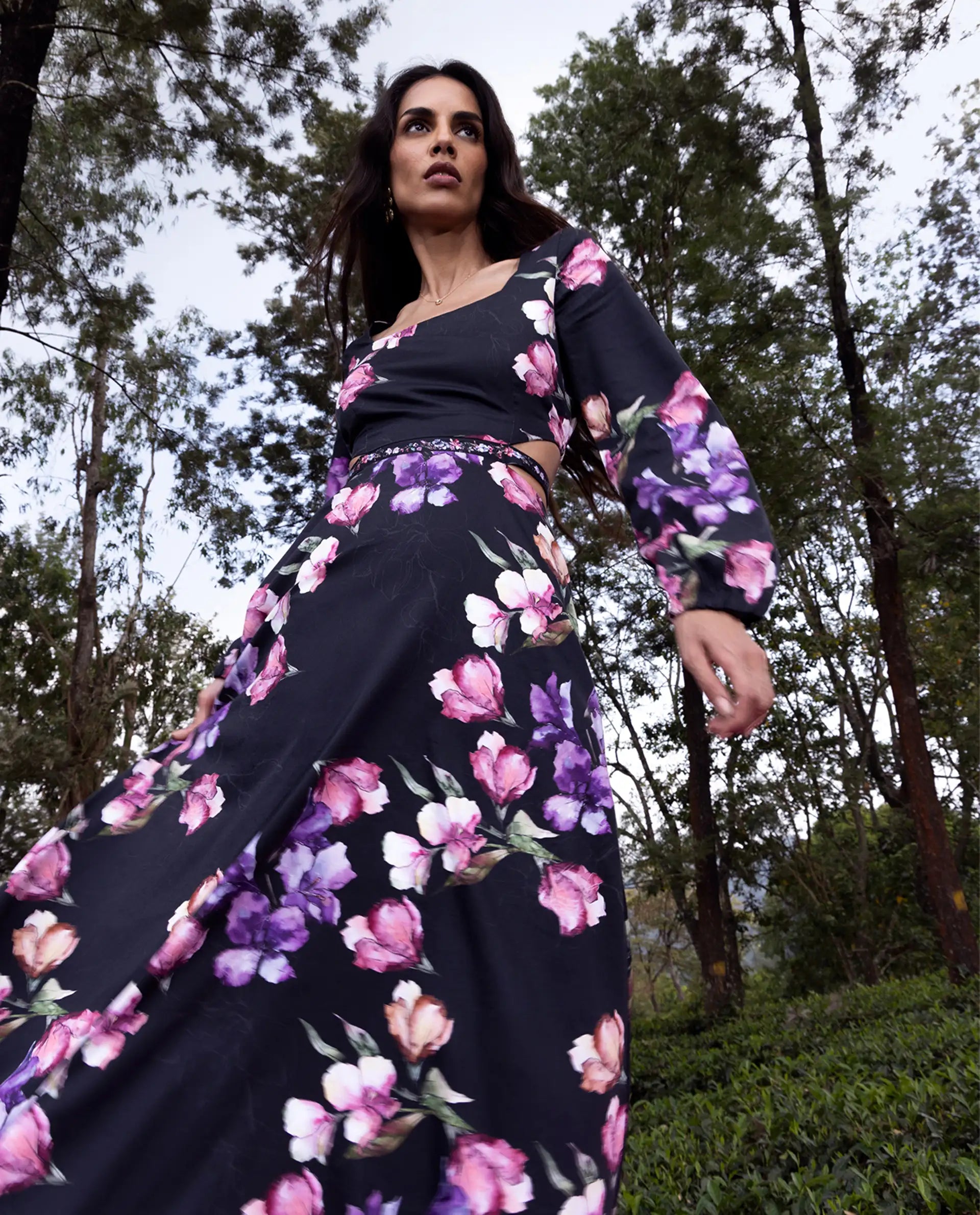 Rareism Women's Cally Black Cotton Full Sleeve Fit And Flare Floral Print Dress