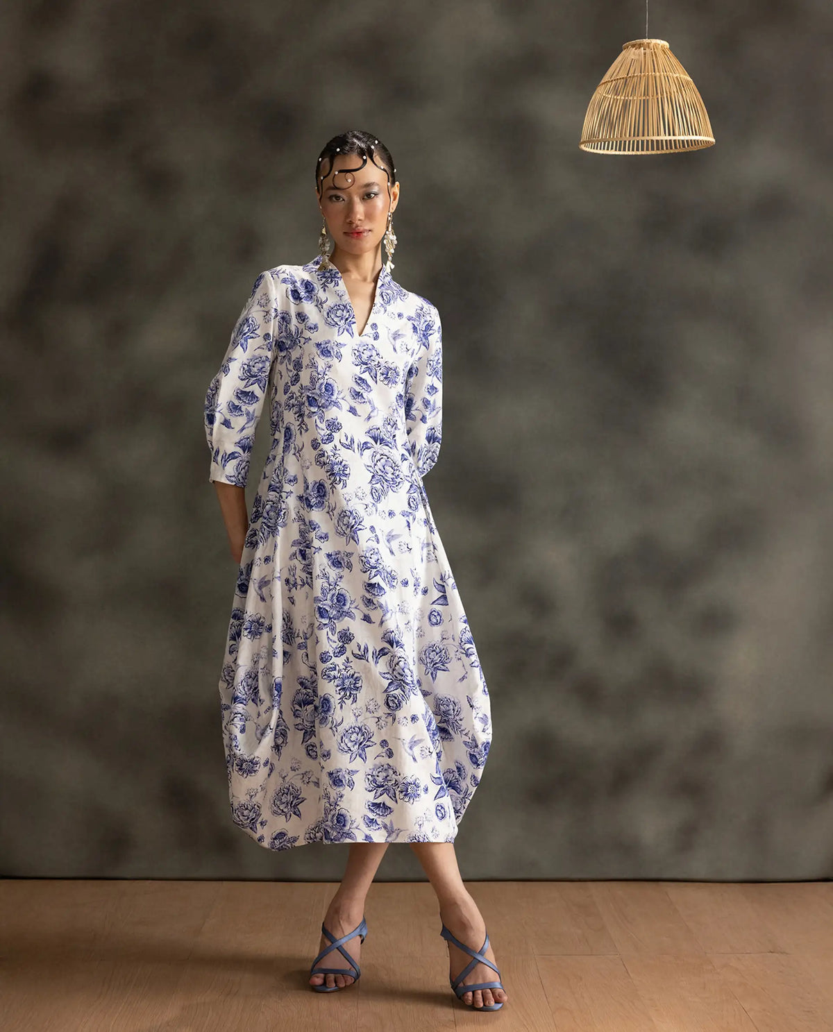 Rareism Women's Mandro Beige Floral Cotton A-Line Three Quarter Sleeve Dress