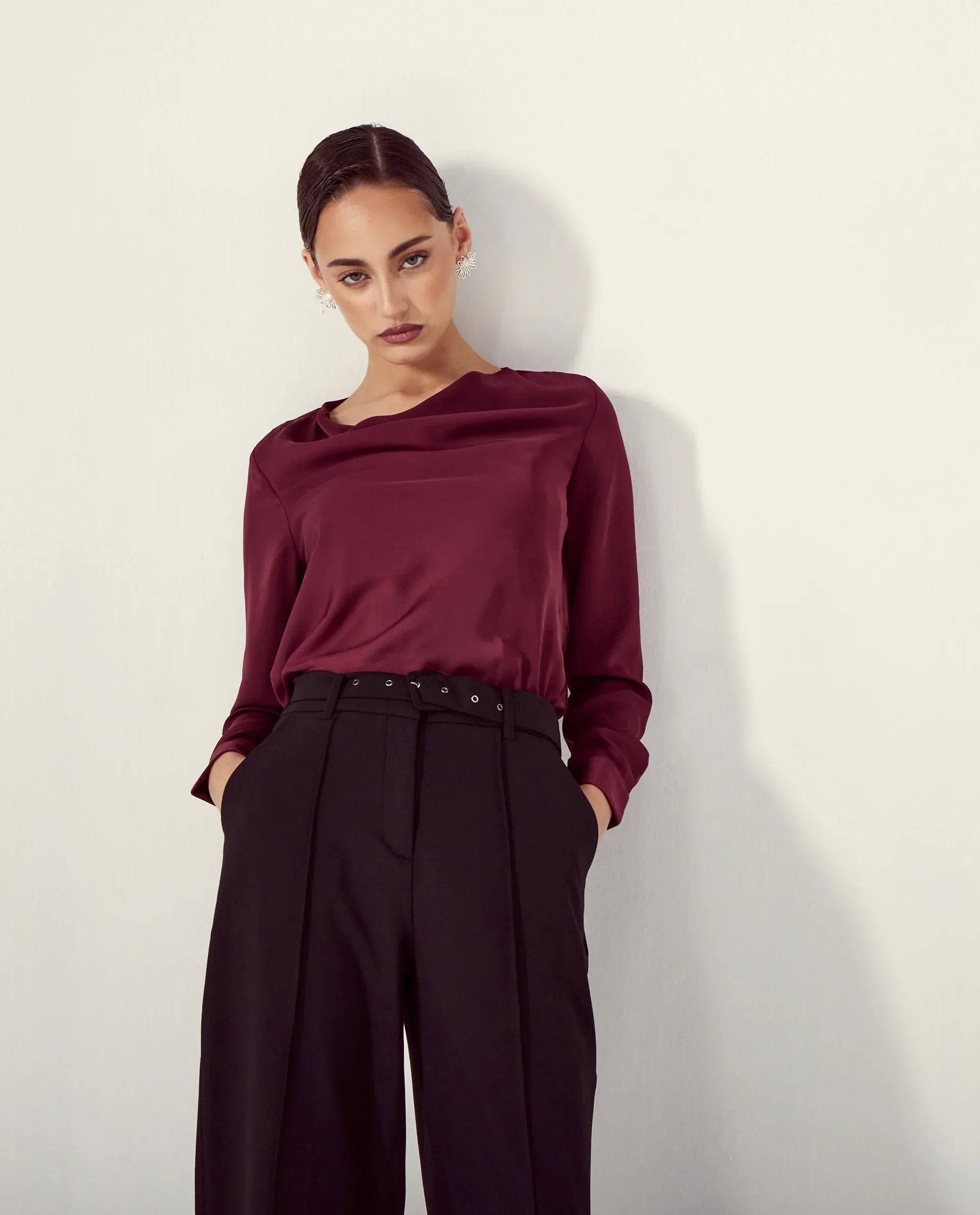 Rareism Women's Avier Maroon Polyester Cowl Neck Regular Fit Plain Top