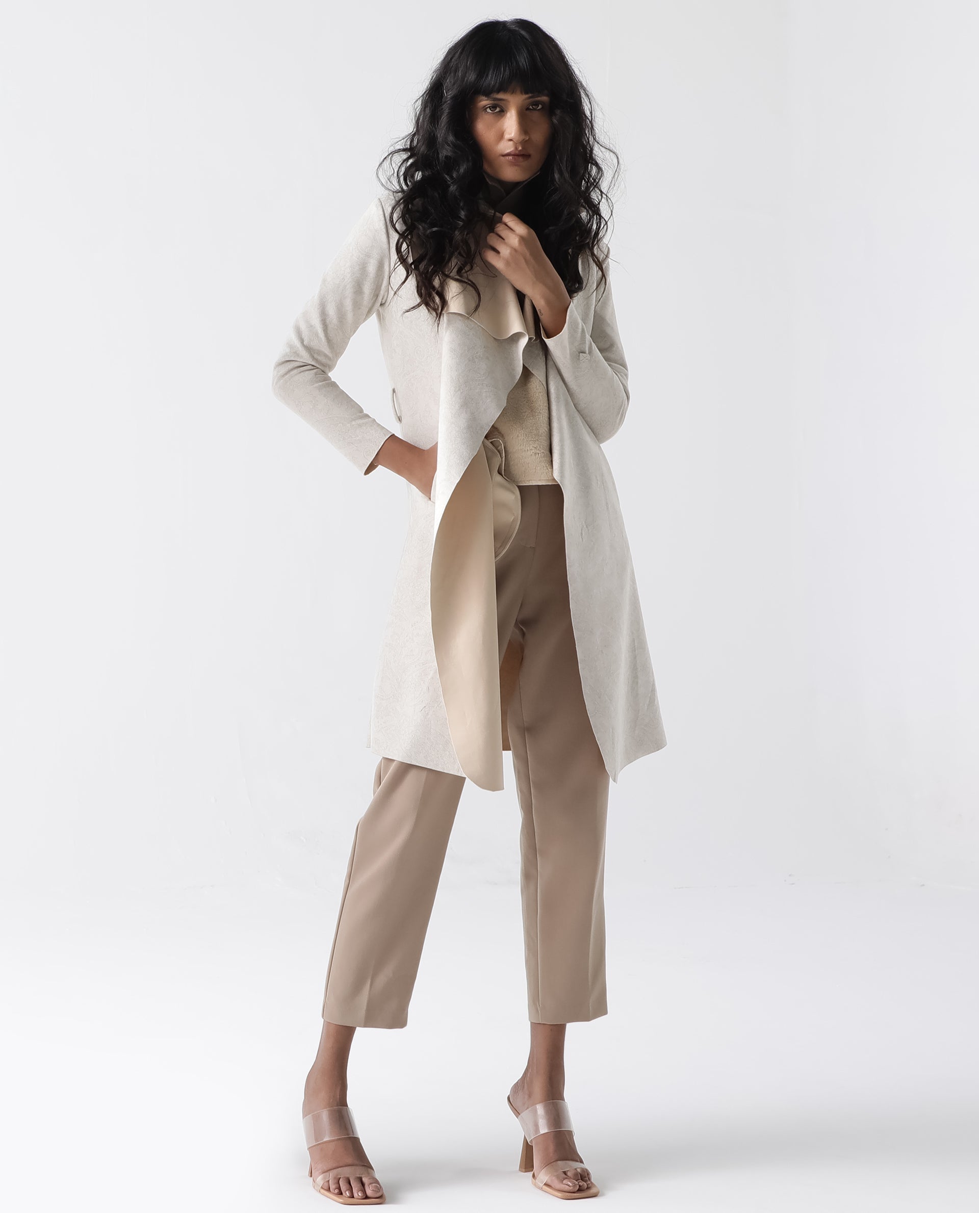 Rareism Women Palmer Beige Polyester Fabric Full Sleeves Solid Collarless Jacket