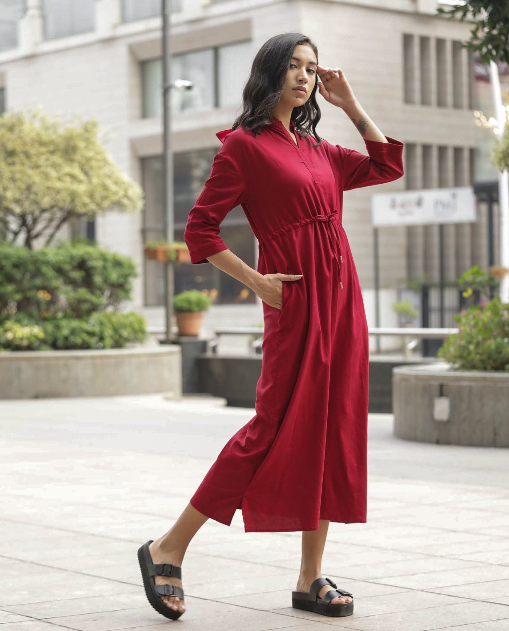 Rareism Womens Chalk Maroon Dress Tencel Fabric Hooded Long Length