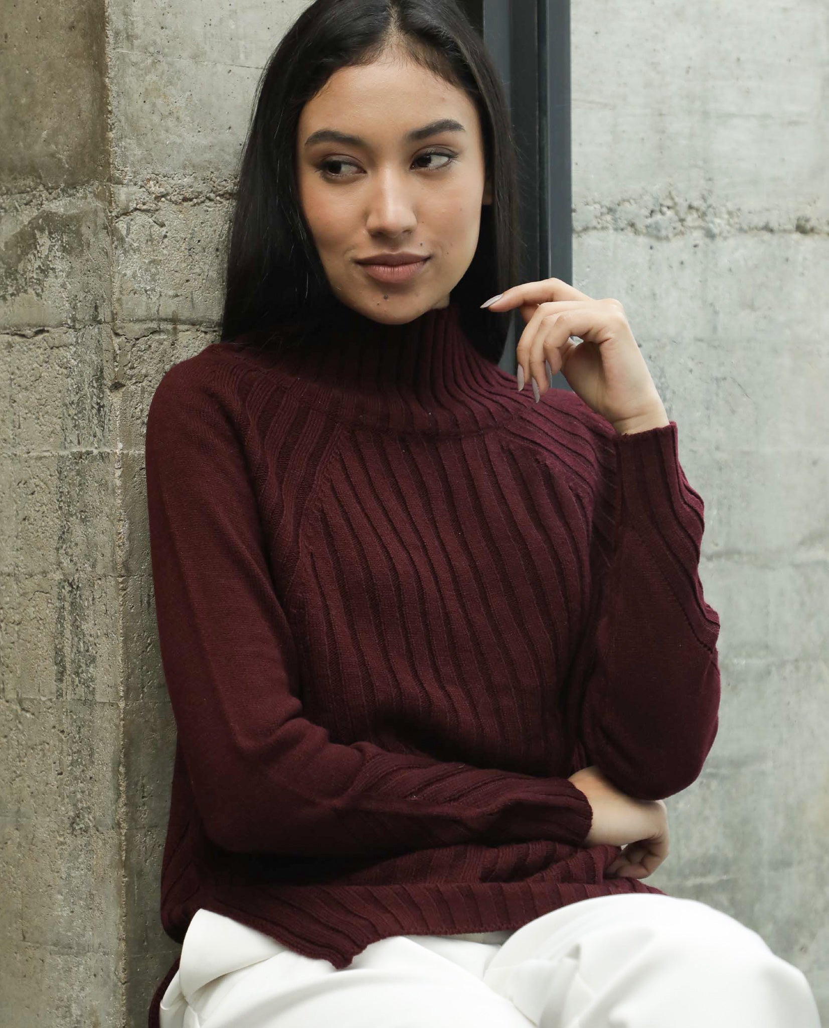 Rareism Women Halo Maroon Acrylic Fabric Full Sleeves Regular Fit Solid High Neck Sweater