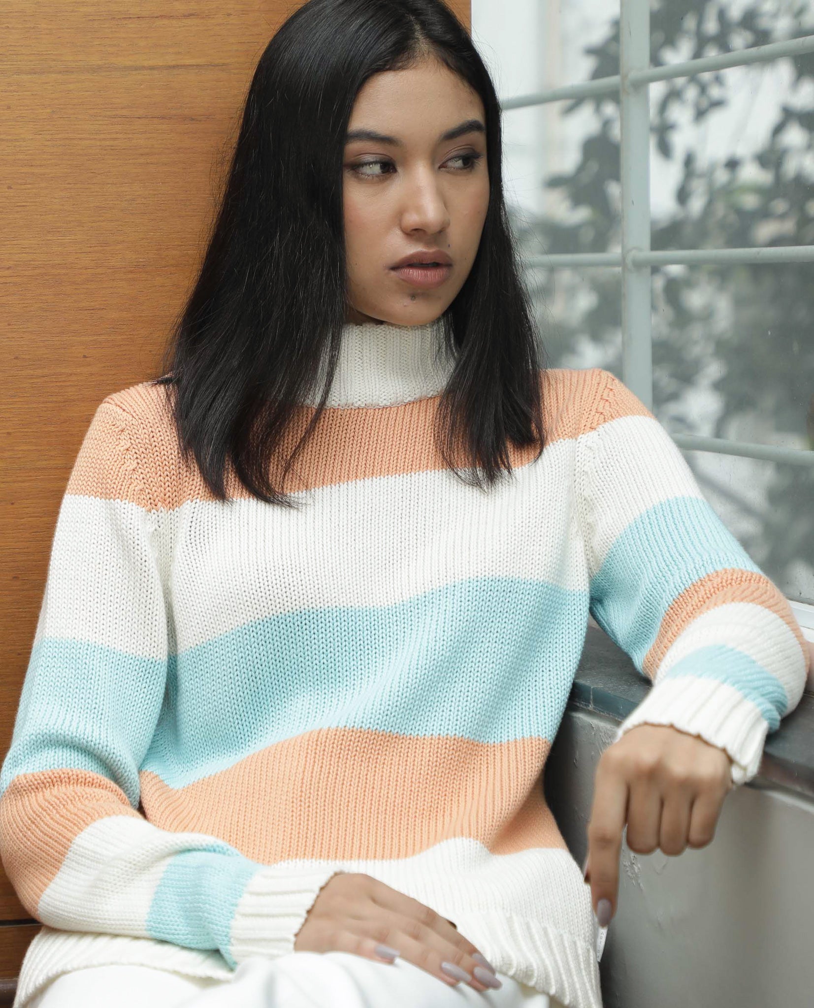 Rareism Women Tony Orange  Full Sleeves Regular Fit Color Blocked Turtle Neck Sweater