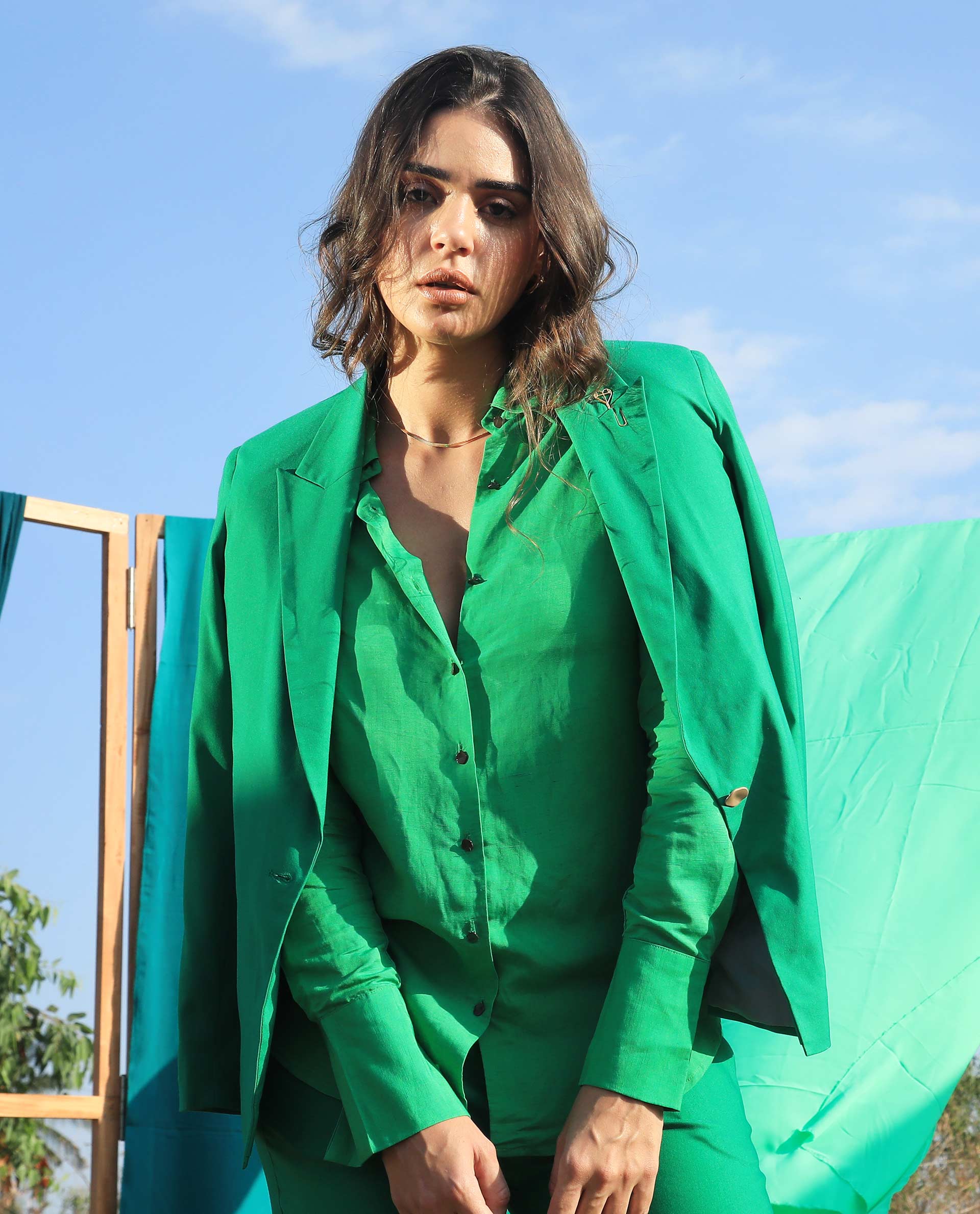 Rareism Women Ziva Green Polyester Fabric Full Sleeves Button Closure Lapel Neck Tailored Fit Plain Blazer