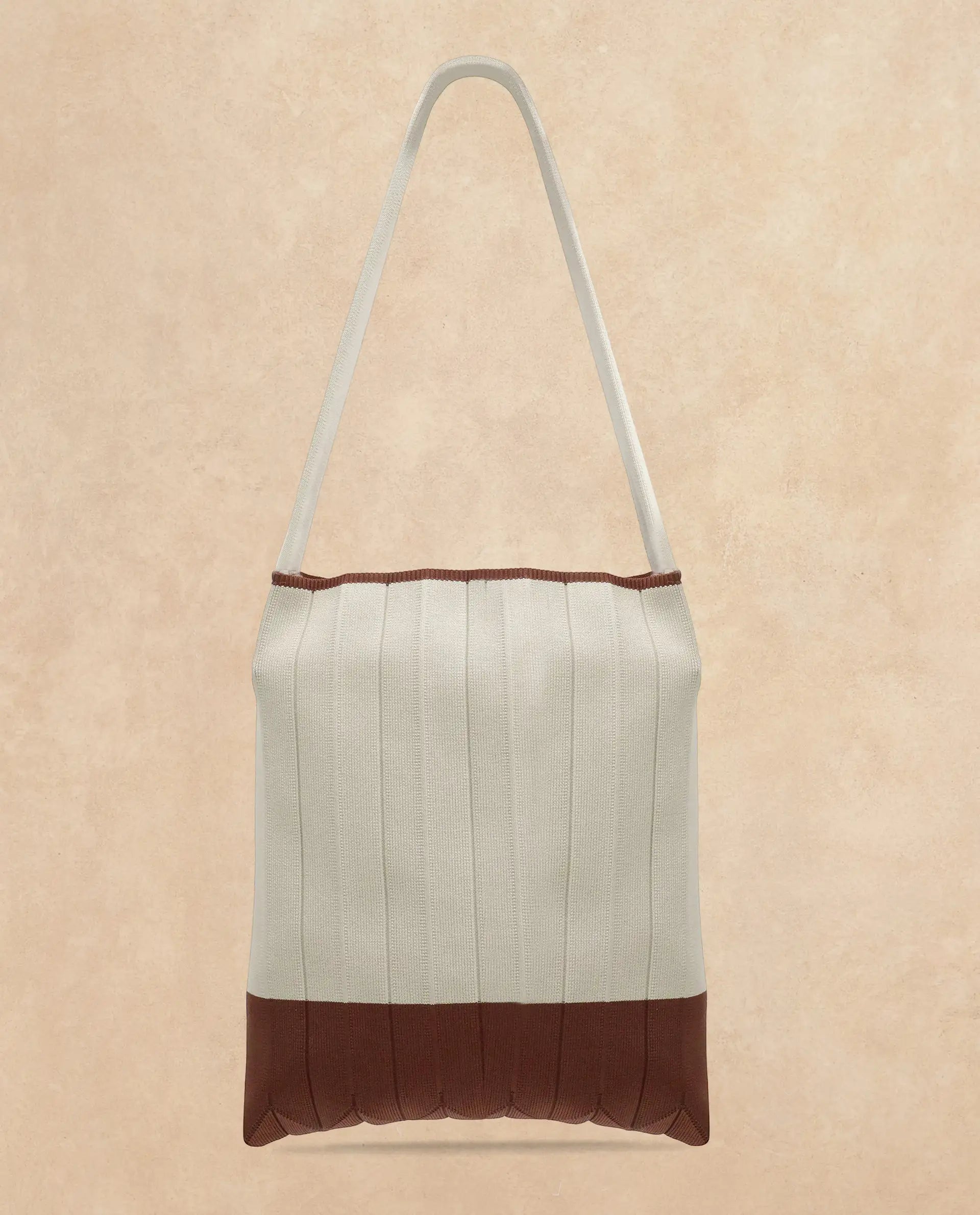 Rareism Articale Women Flounce Beige Fabric Polyester Colorblock Knitted Tote Bag