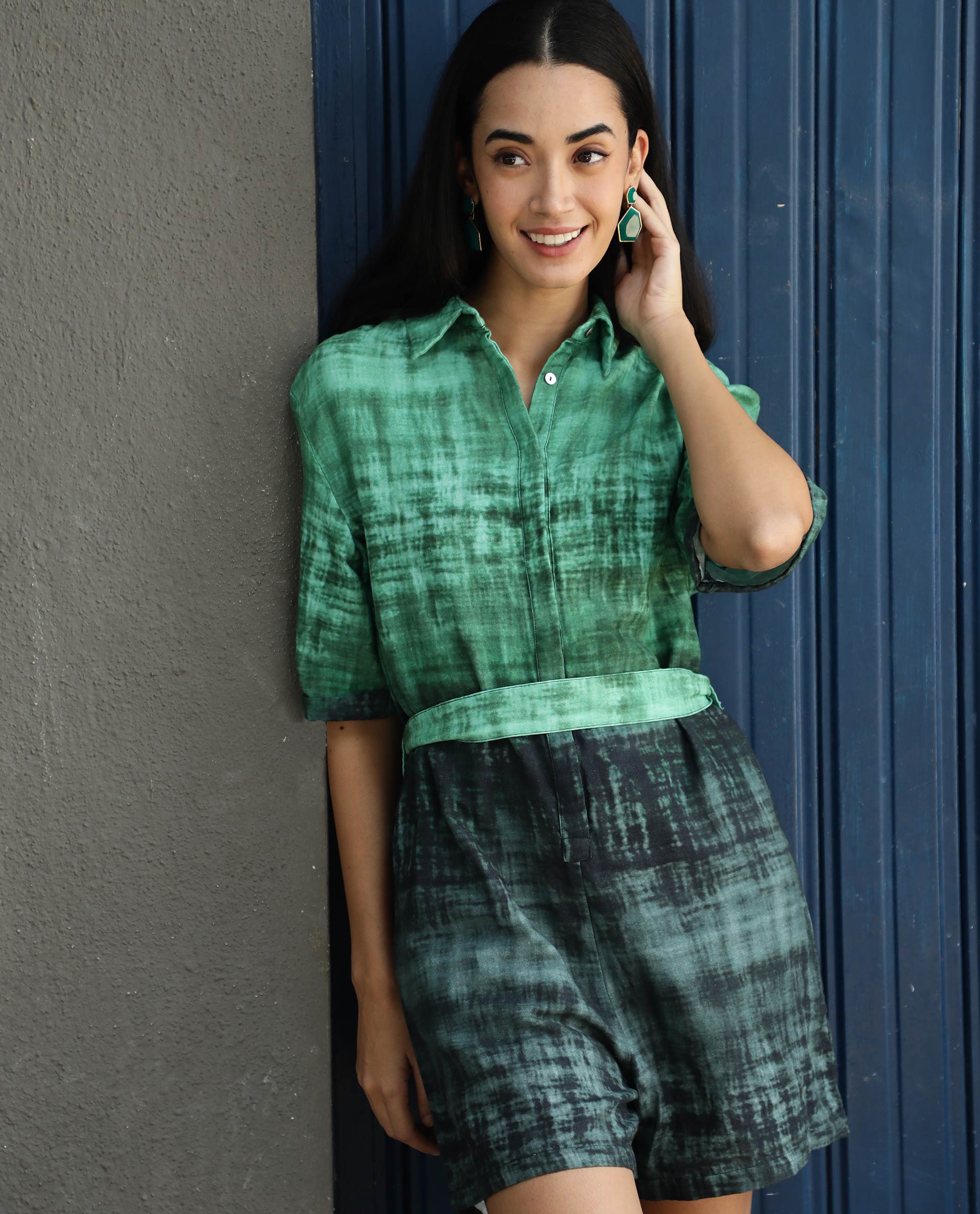 Rareism Womens Grizzle Green Top Cotton Fabric Regular Fit Half Sleeve Collared Neck