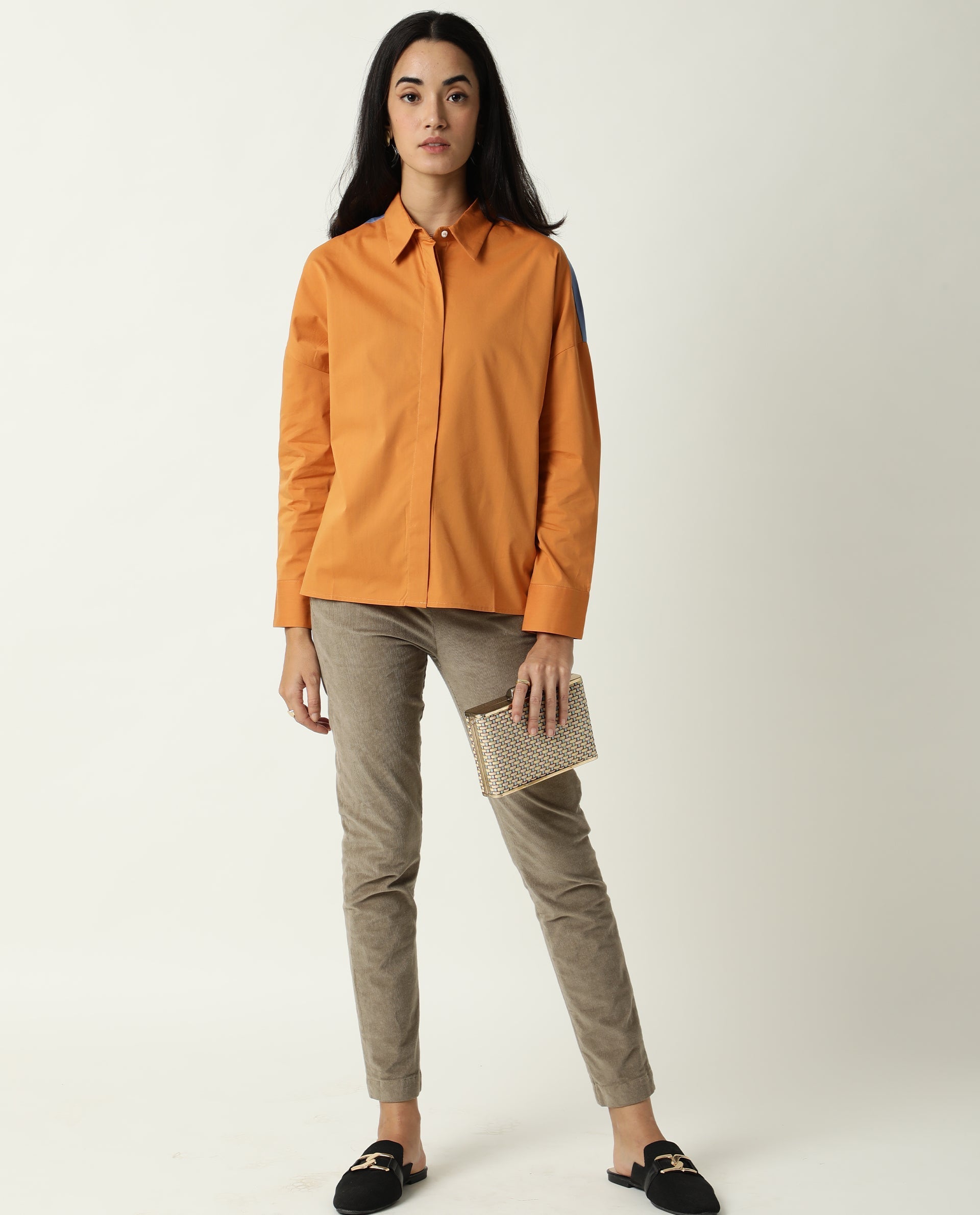 Rareism Womens Nellore Orange Top Cotton Lycra Fabric Regular Fit Full Sleeve Collared Neck