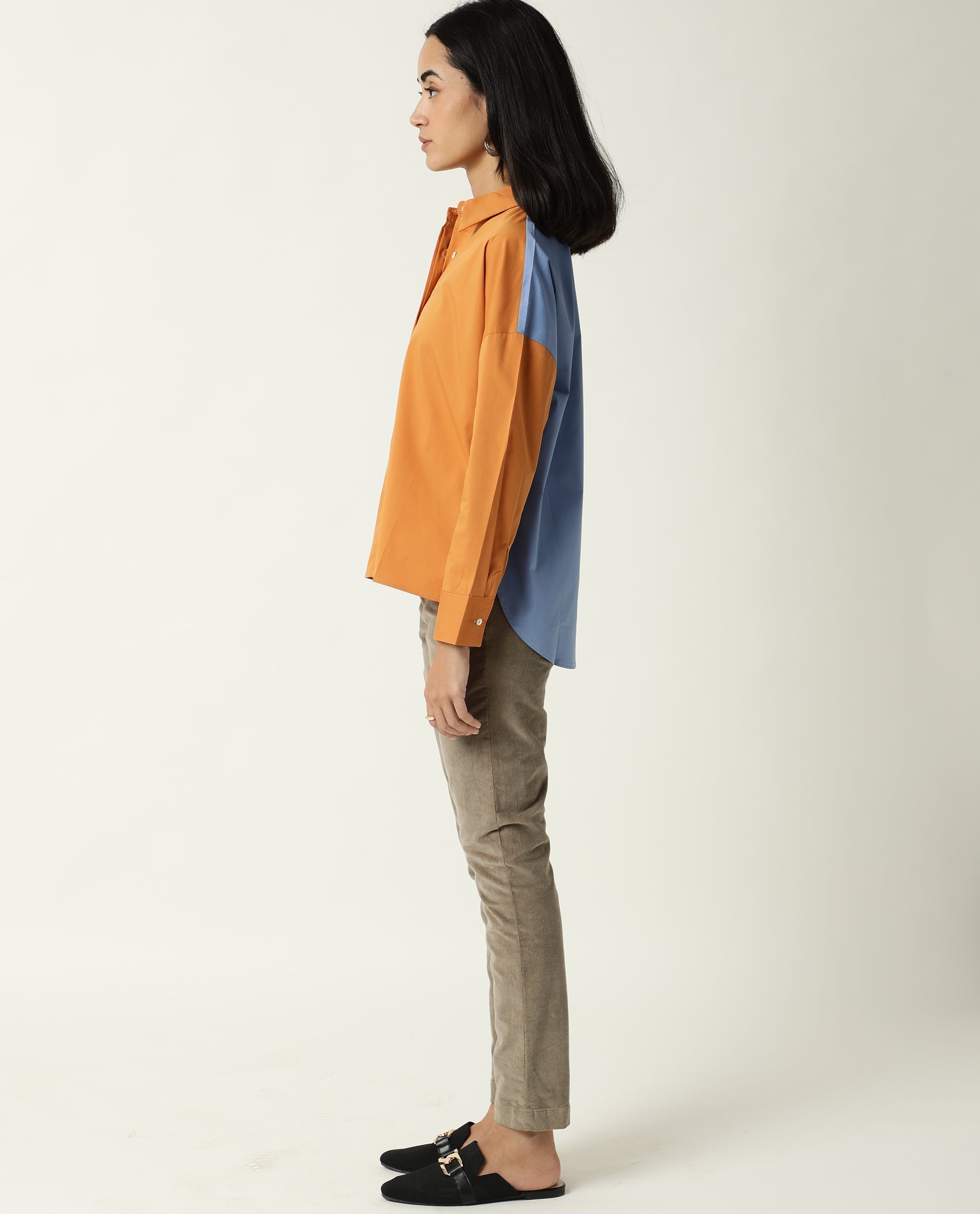 Rareism Womens Nellore Orange Top Cotton Lycra Fabric Regular Fit Full Sleeve Collared Neck