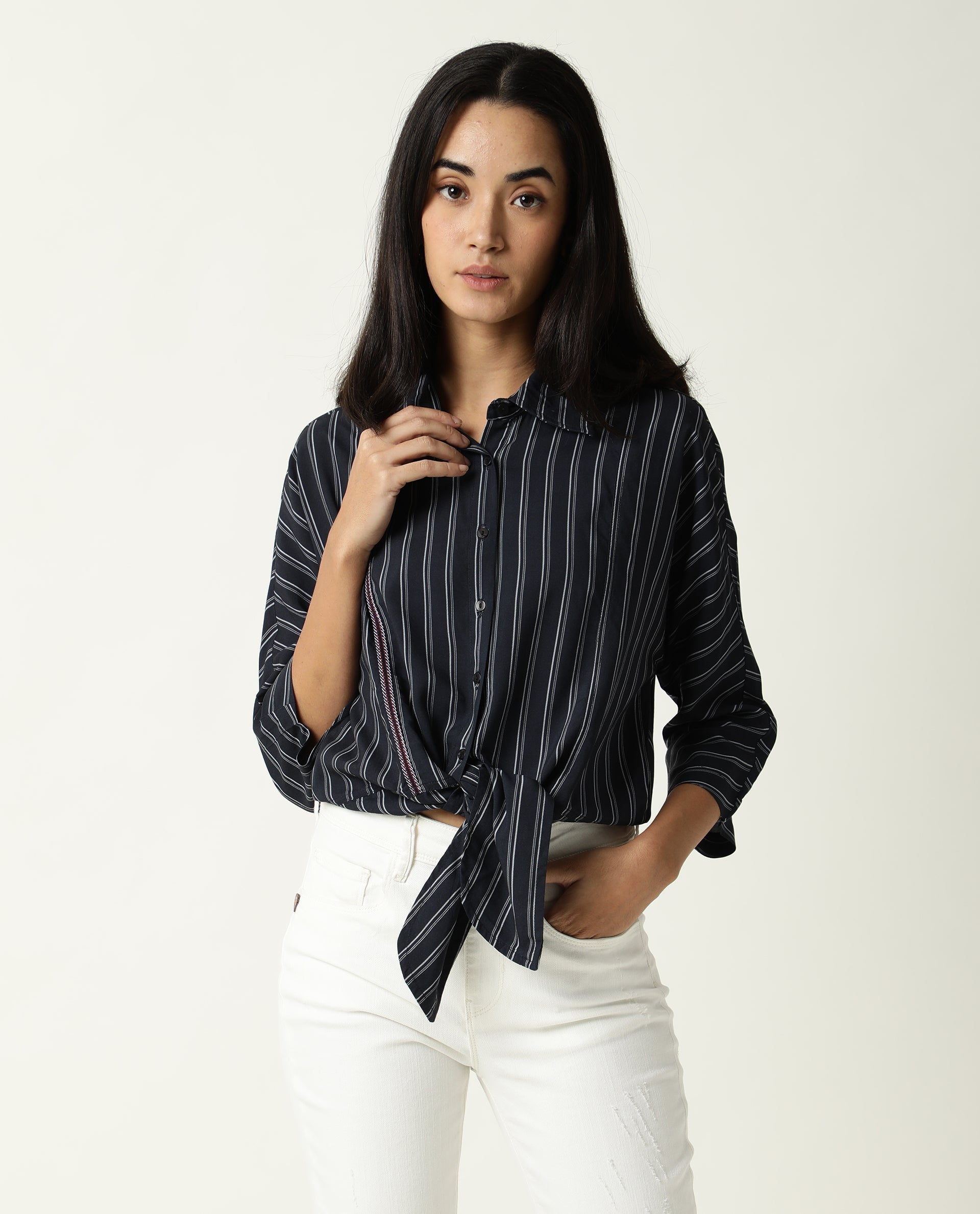 Rareism Women Cia Navy Viscose Fabric Regular Fit Shirt Collar 3/4Th Sleeves Striped Top