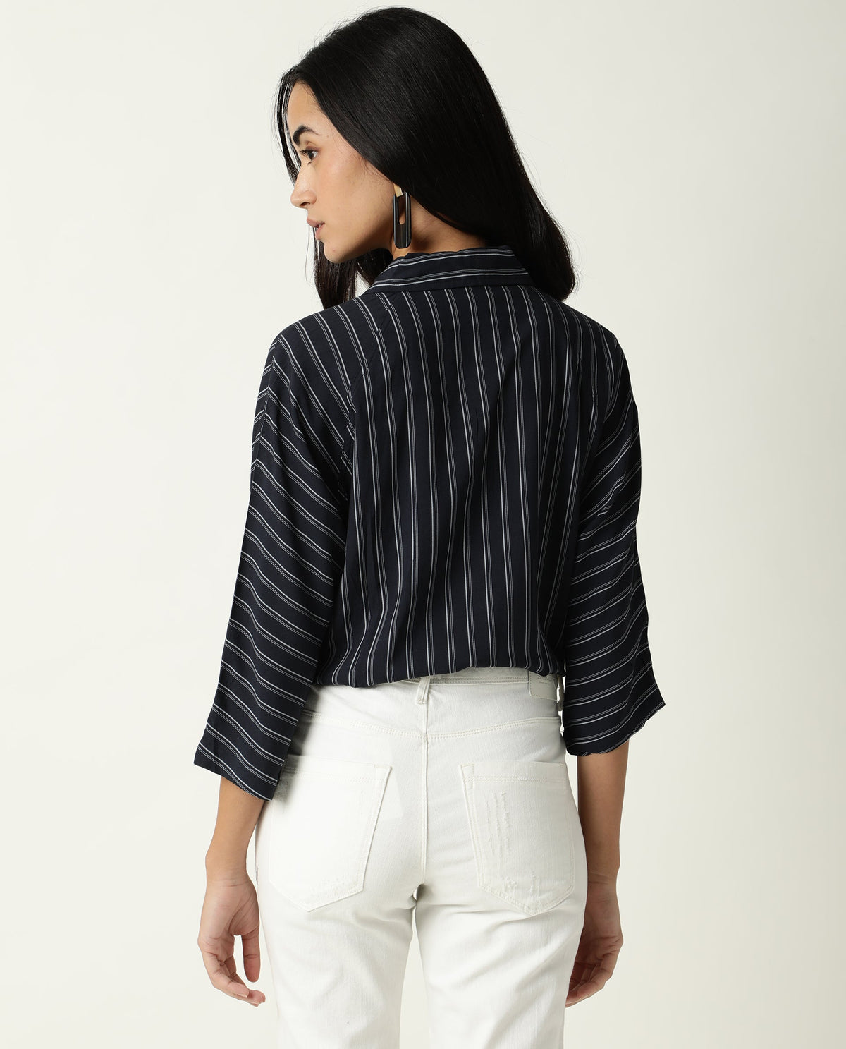 Rareism Women Cia Navy Viscose Fabric Regular Fit Shirt Collar 3/4Th Sleeves Striped Top