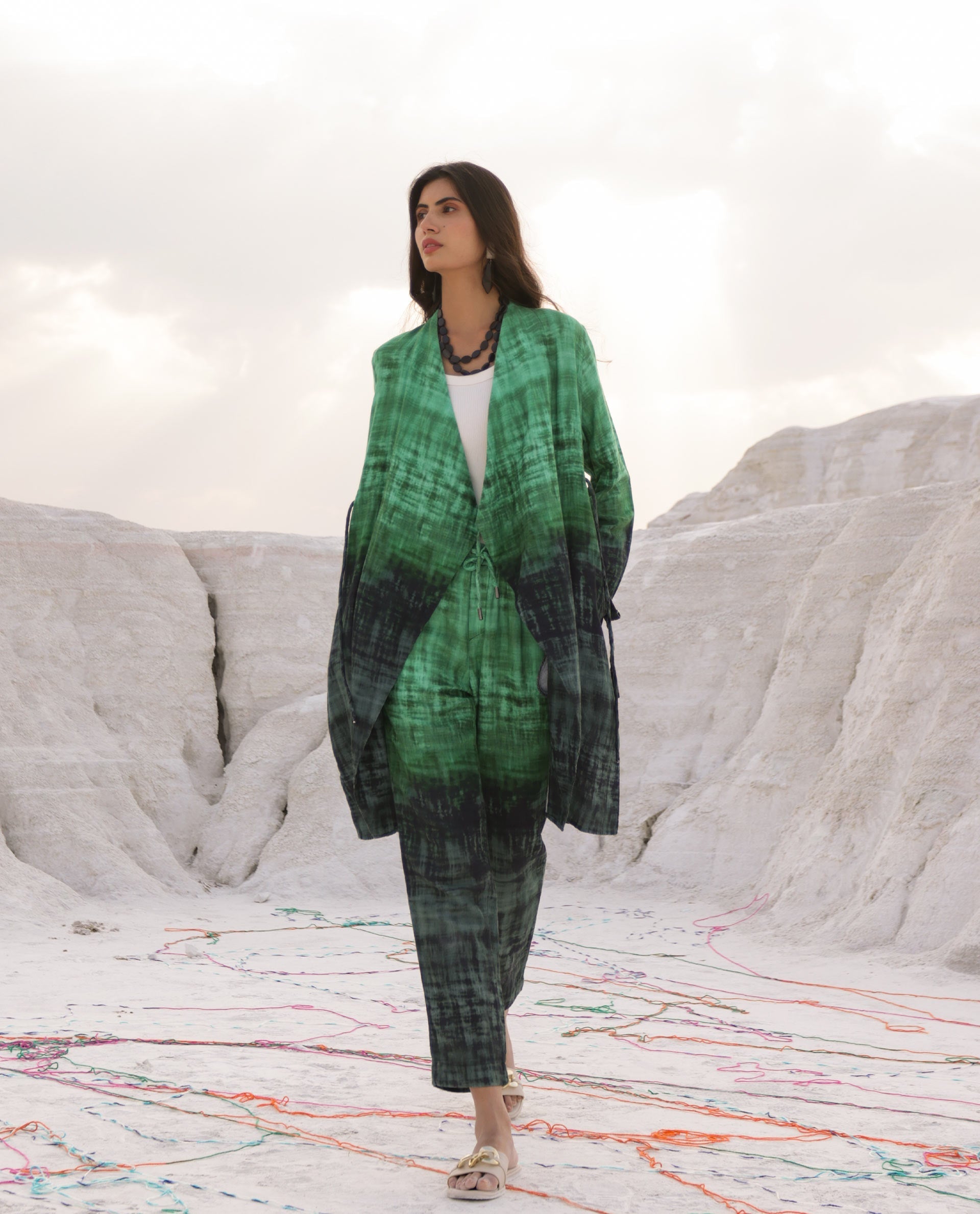 Rareism Women Boss Green Cotton Fabric Regular Fit Knee Length Abstract Print Collarless Outer Wear