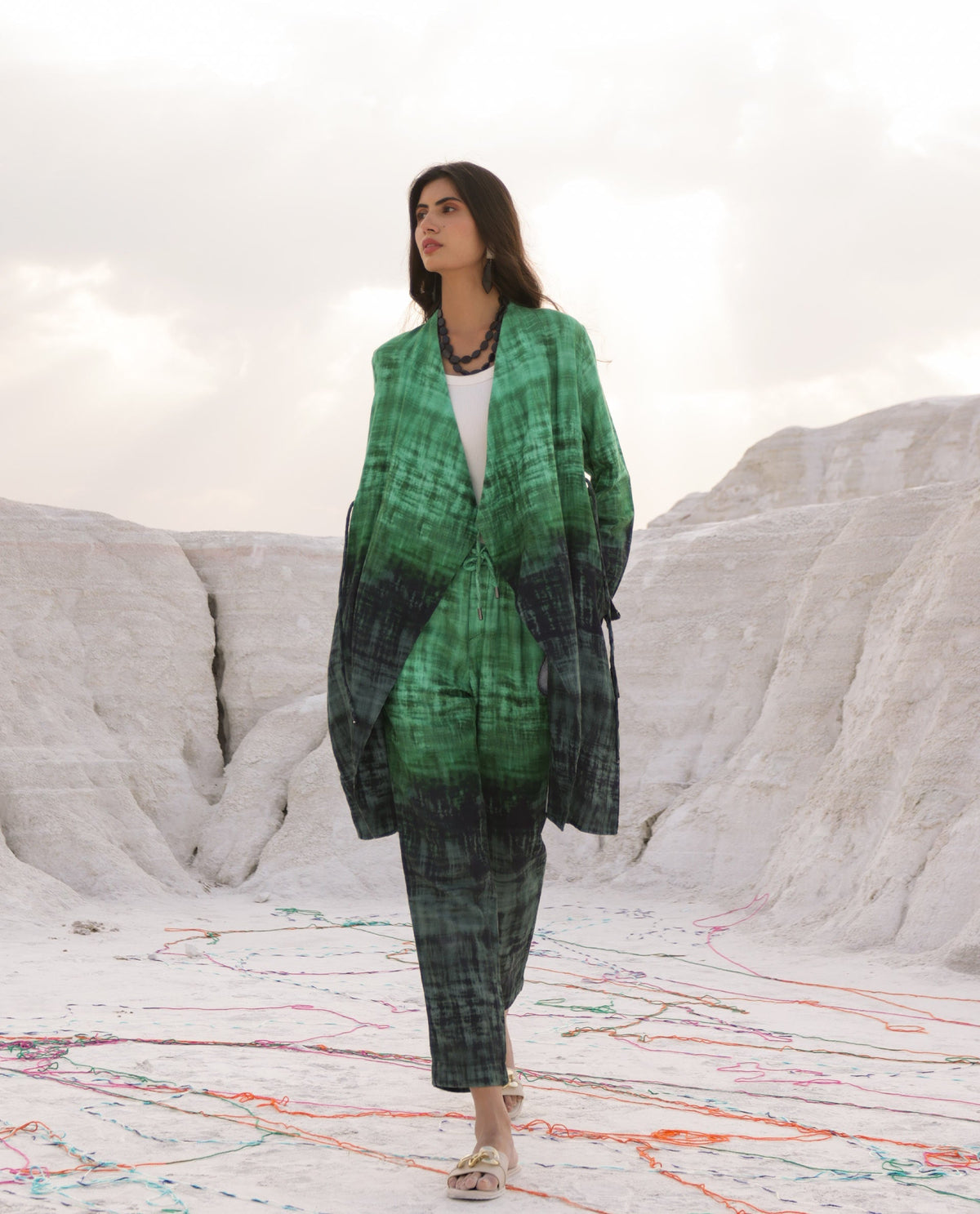 Rareism Women Boss Green Cotton Fabric Regular Fit Knee Length Abstract Print Collarless Outer Wear