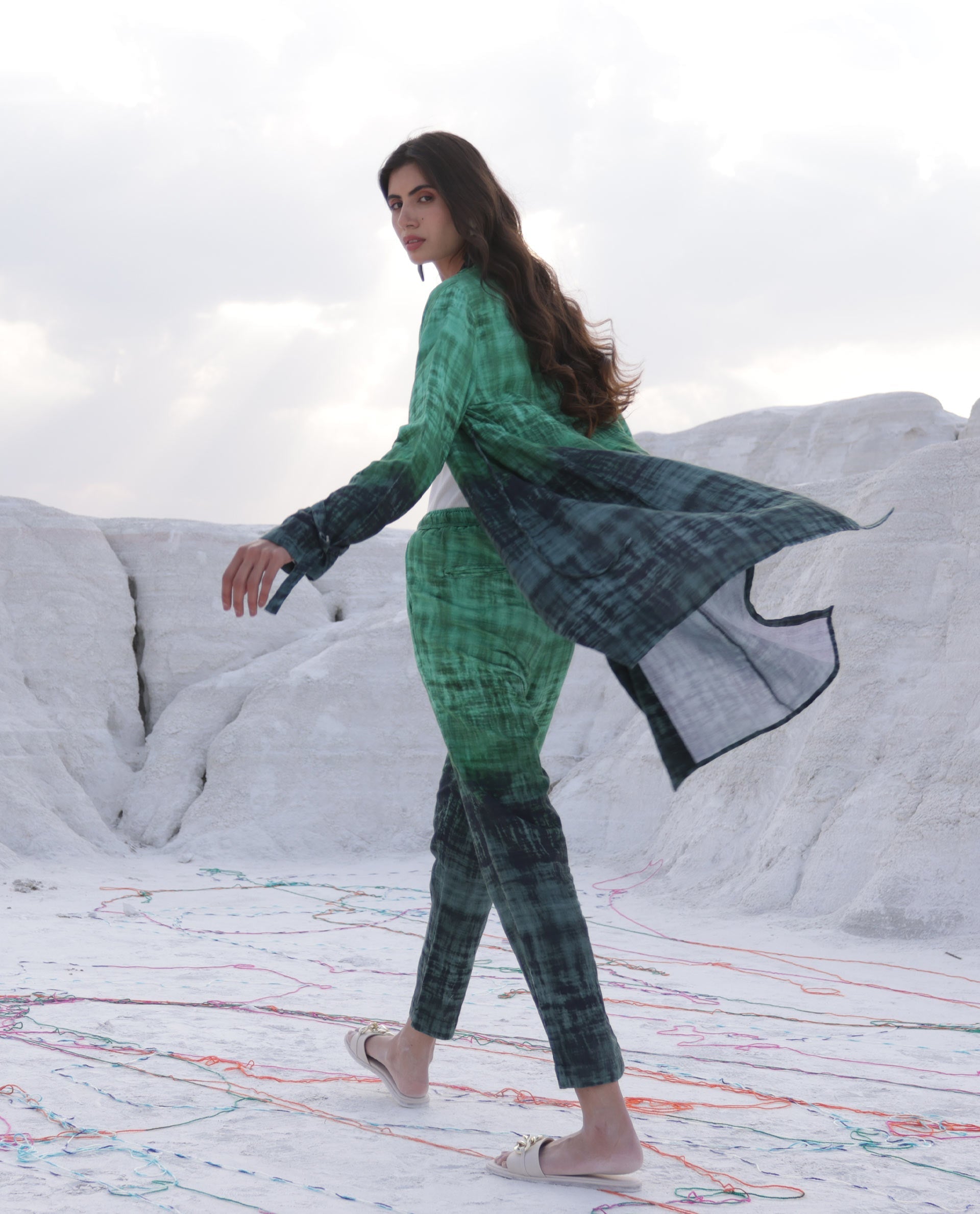 Rareism Women Boss Green Cotton Fabric Regular Fit Knee Length Abstract Print Collarless Outer Wear