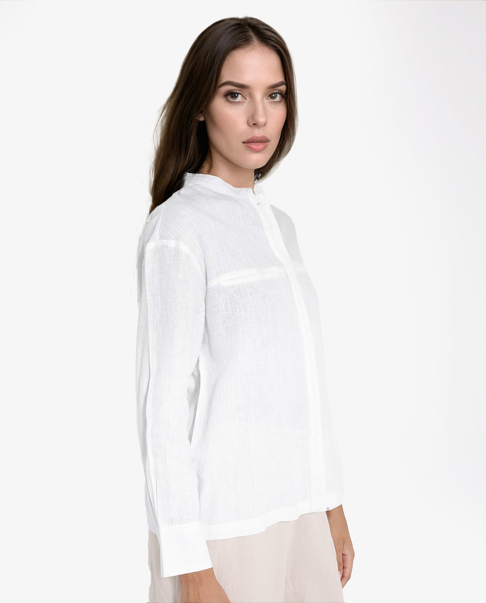 Rareism Women's Aruba White Cotton Linen Drop Collar Plain Cuffed Sleeve Regular Fit Shirt