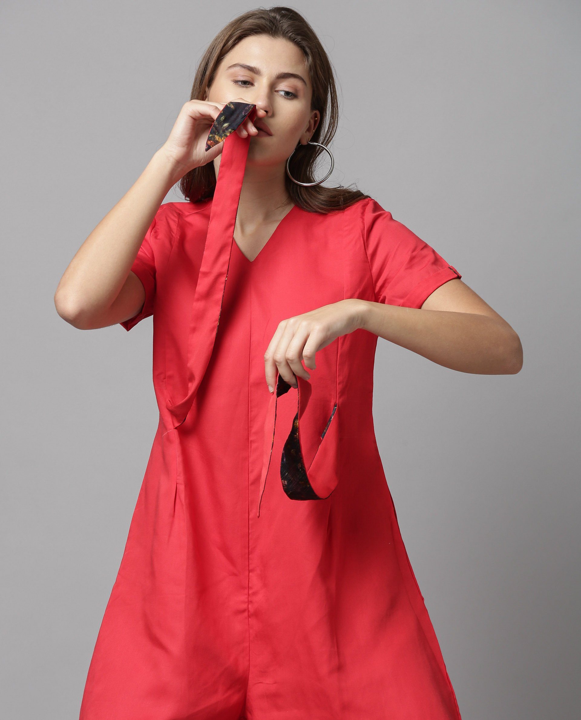 Rareism Women Apt Red Jumpsuit Short Sleeves