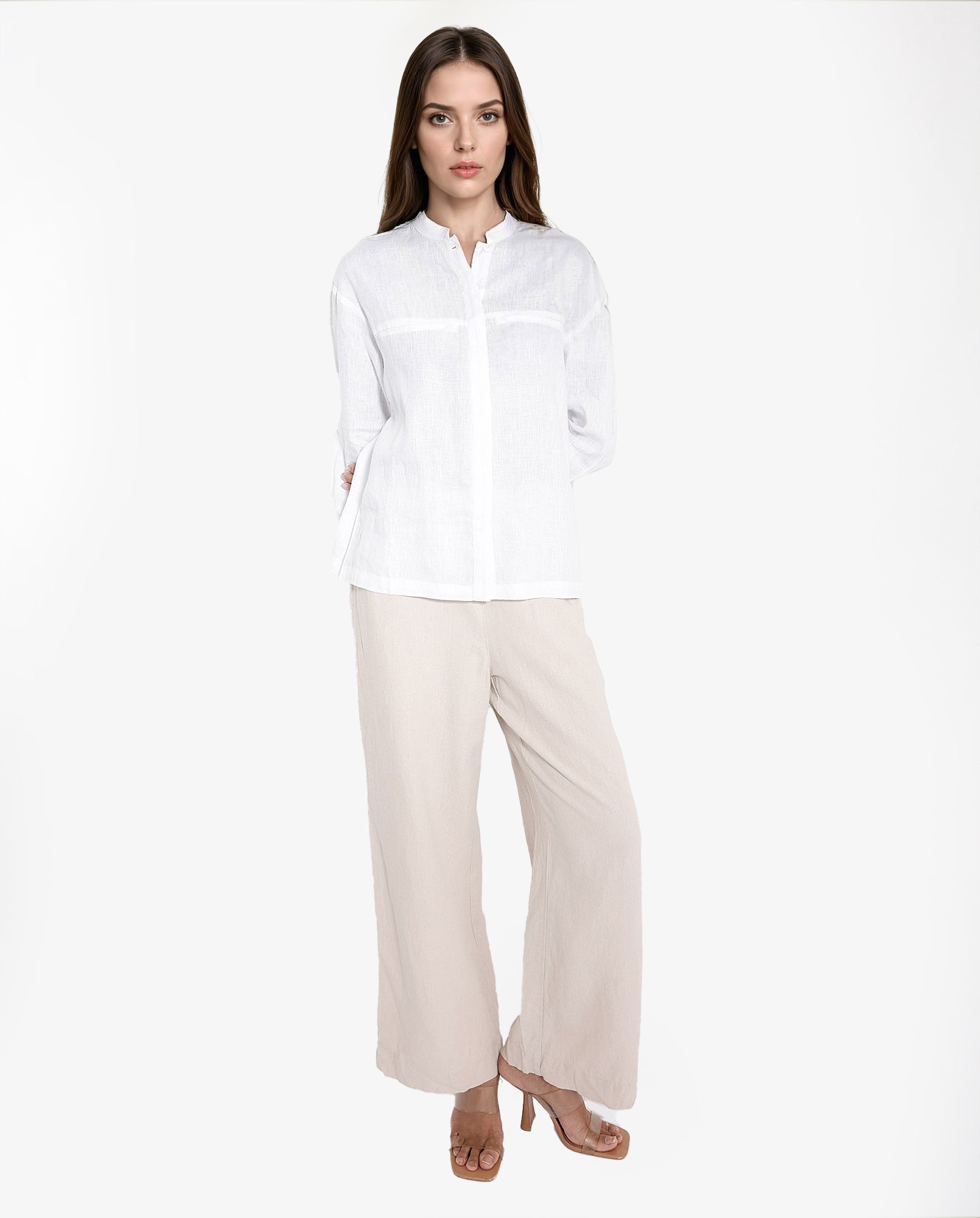 Rareism Women's Aruba White Cotton Linen Drop Collar Plain Cuffed Sleeve Regular Fit Shirt
