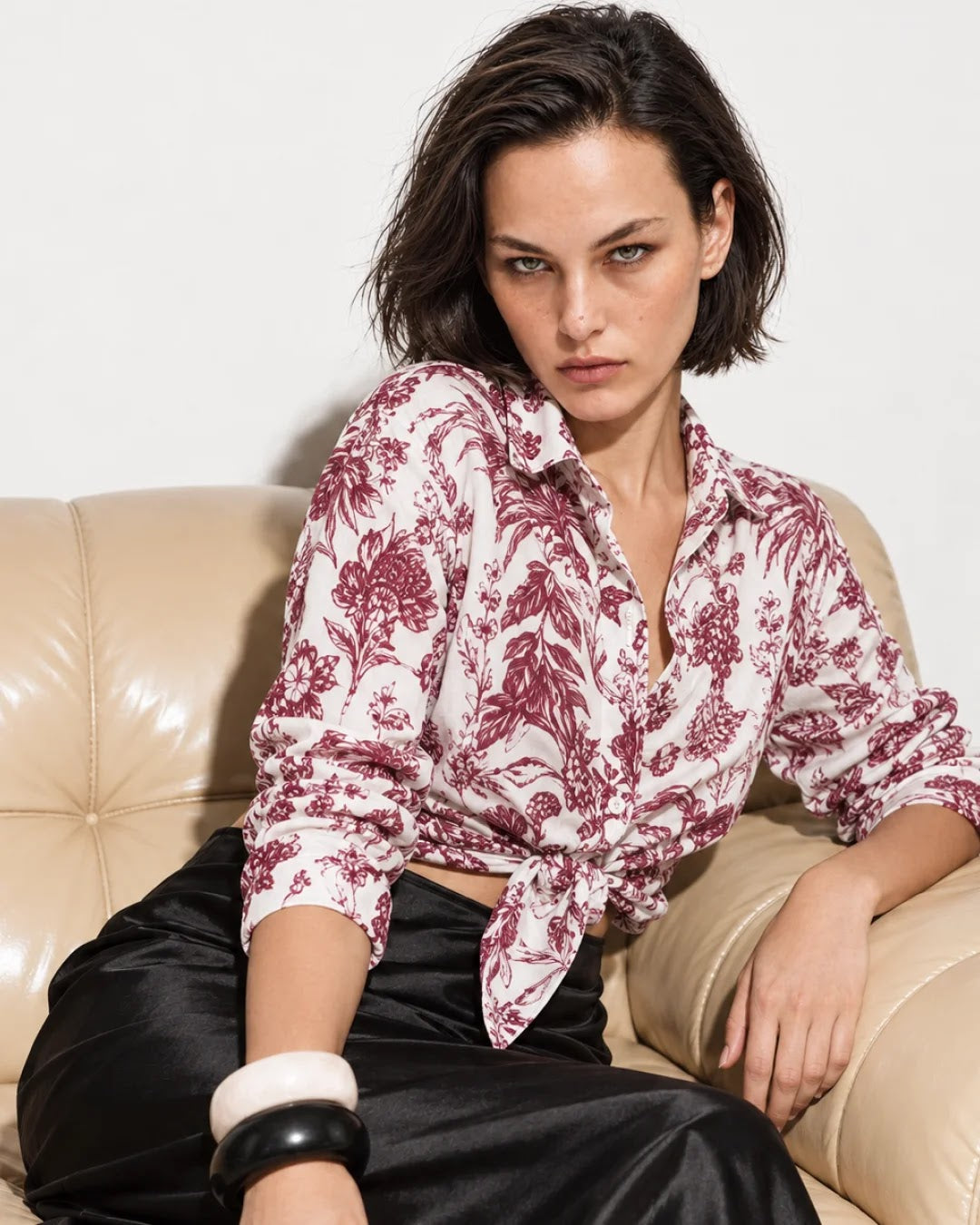 Rareism Women's Fony-T Red Cotton Spread Collar Relaxed Floral Print Shirt