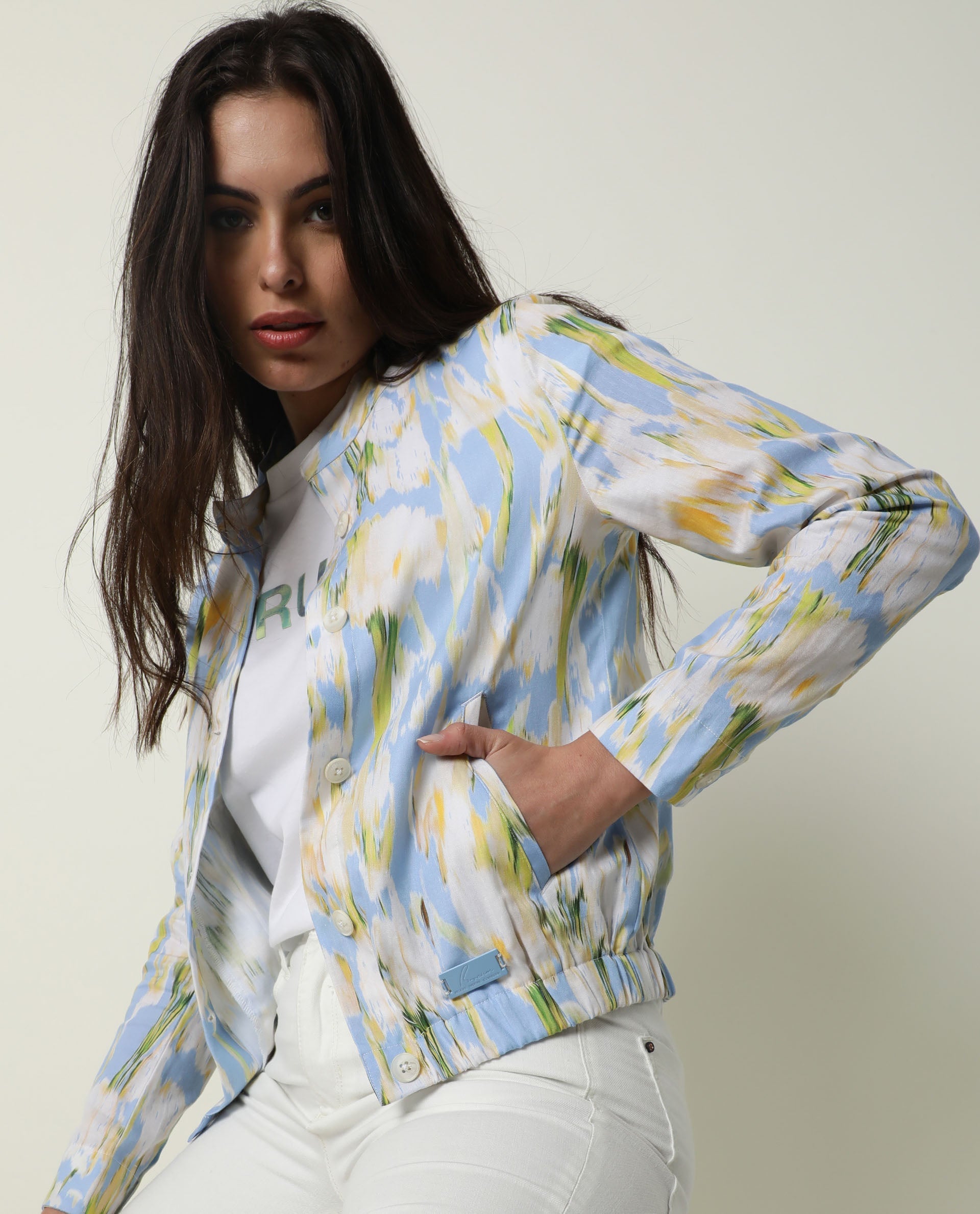 Rareism Women Halt Green Cotton Fabric Full Sleeves Abstract Print High Neck Jacket