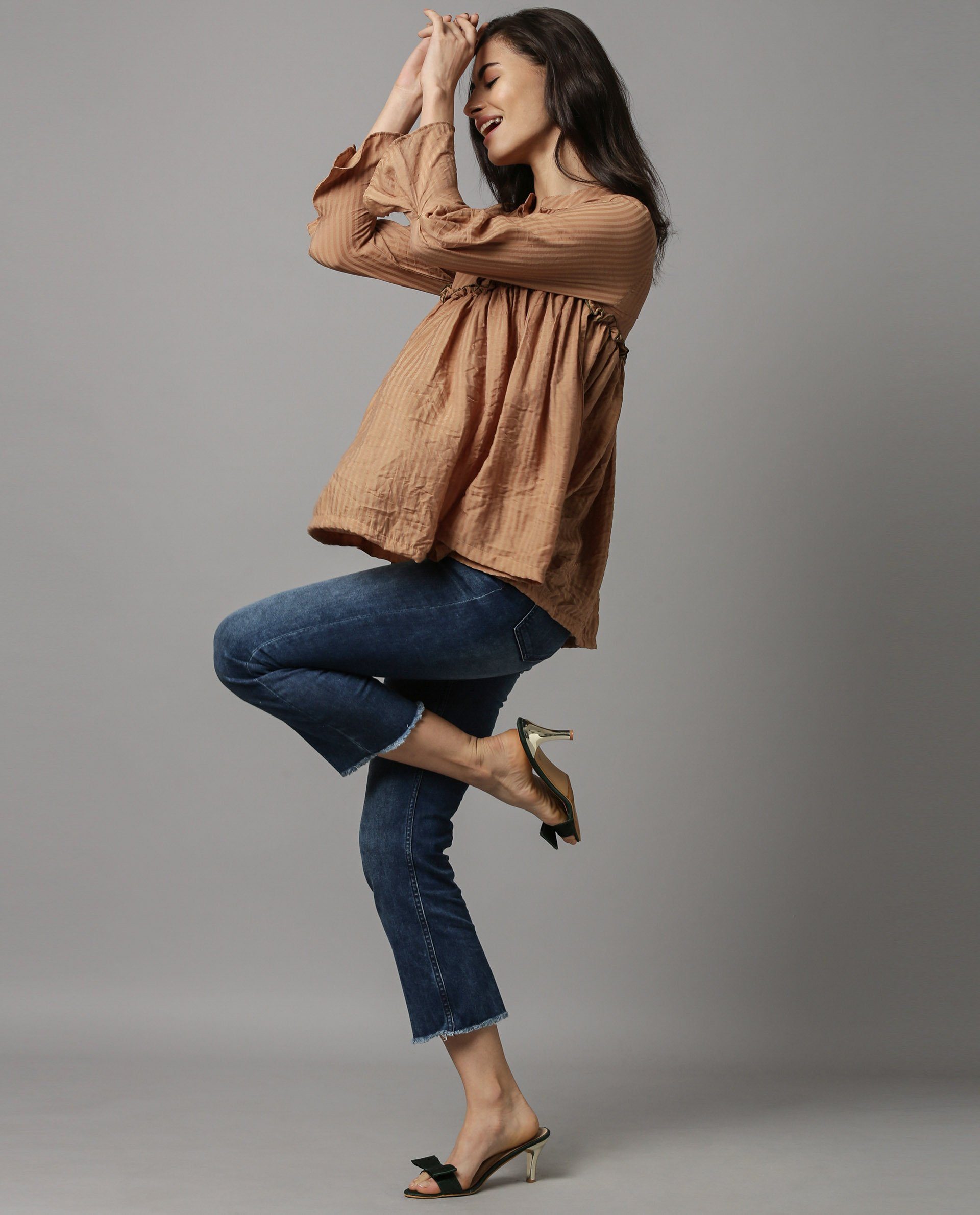 Rareism Women Poetry Brown Top Full Sleeves