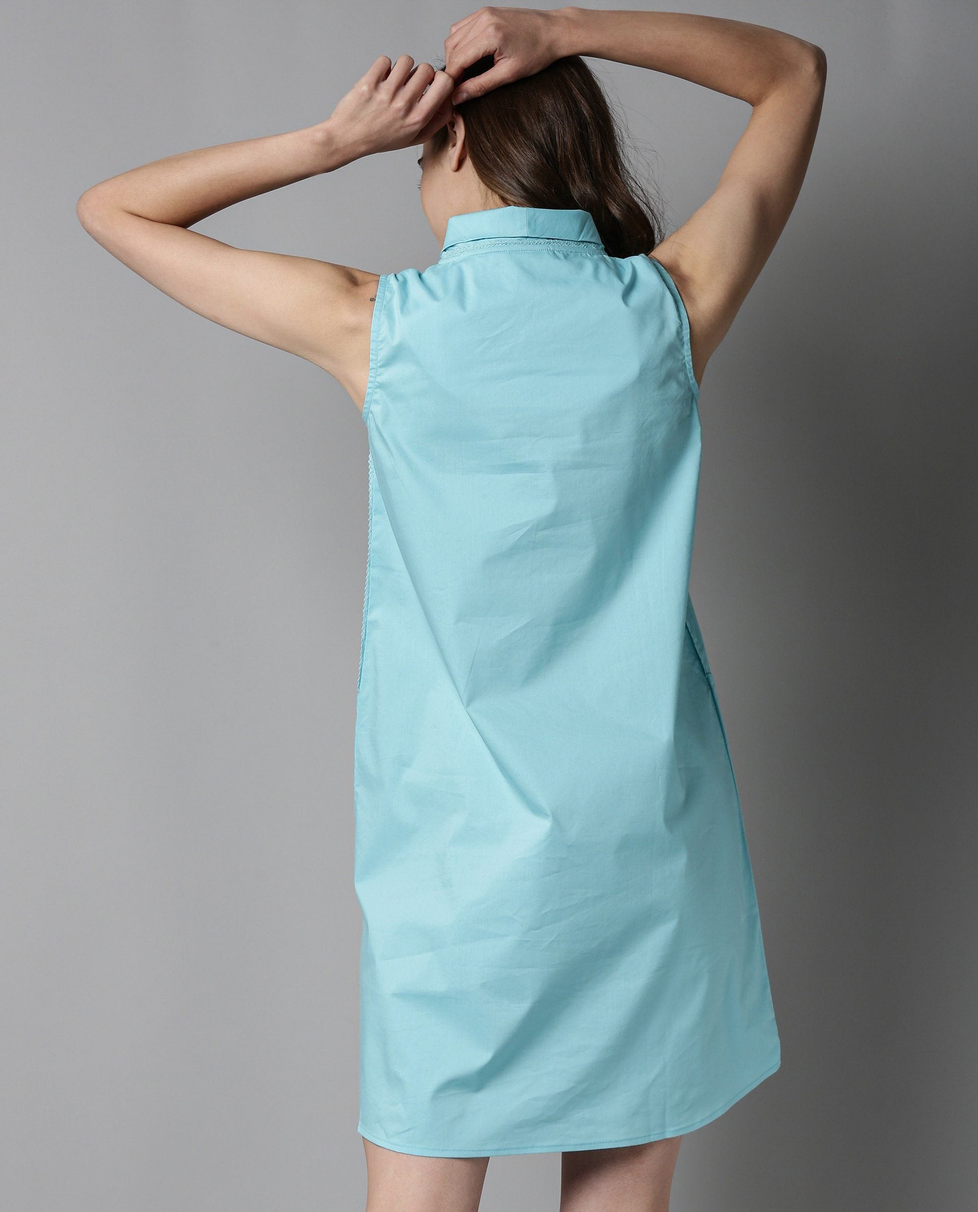 Rareism Womens Dripper Aqua Dress Sleeveless Cotton Fabric Shawl Collar Knee Length