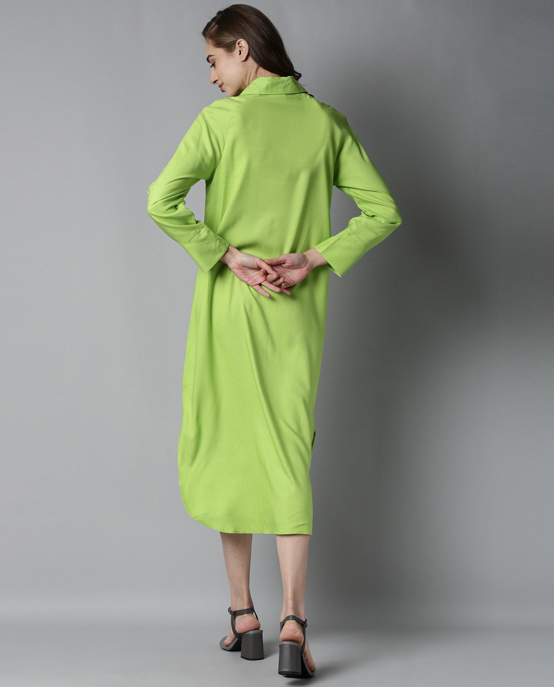Rareism Women Toss Green Dress Short Sleeves Solid
