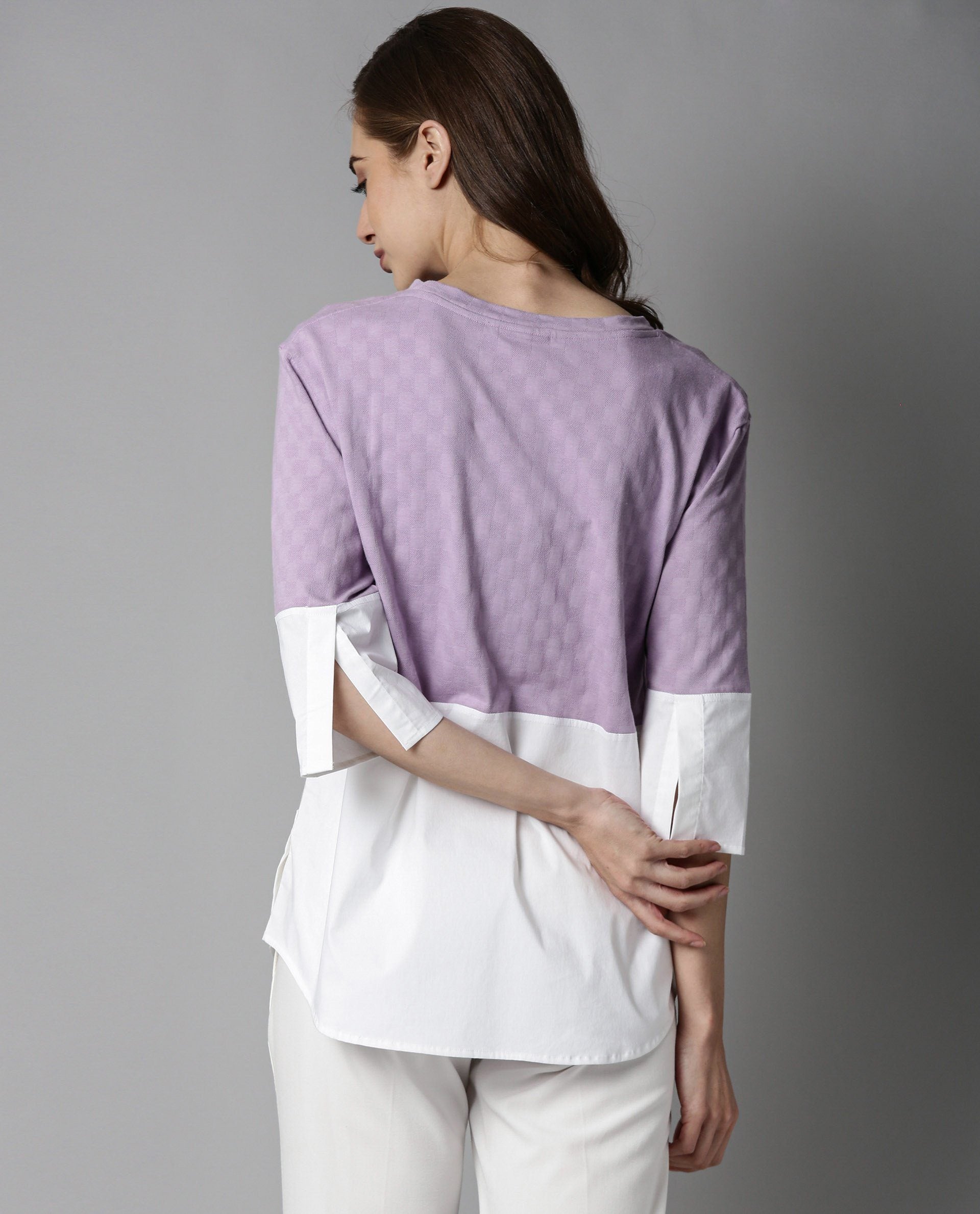 Rareism Women Lux Purple Top Knit Fabric Short Sleeves Solid