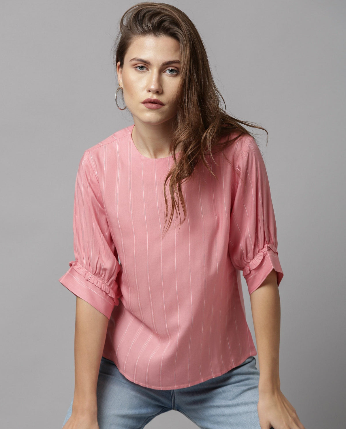 Rareism Women Mend Pink Top Short Sleeves Stripe