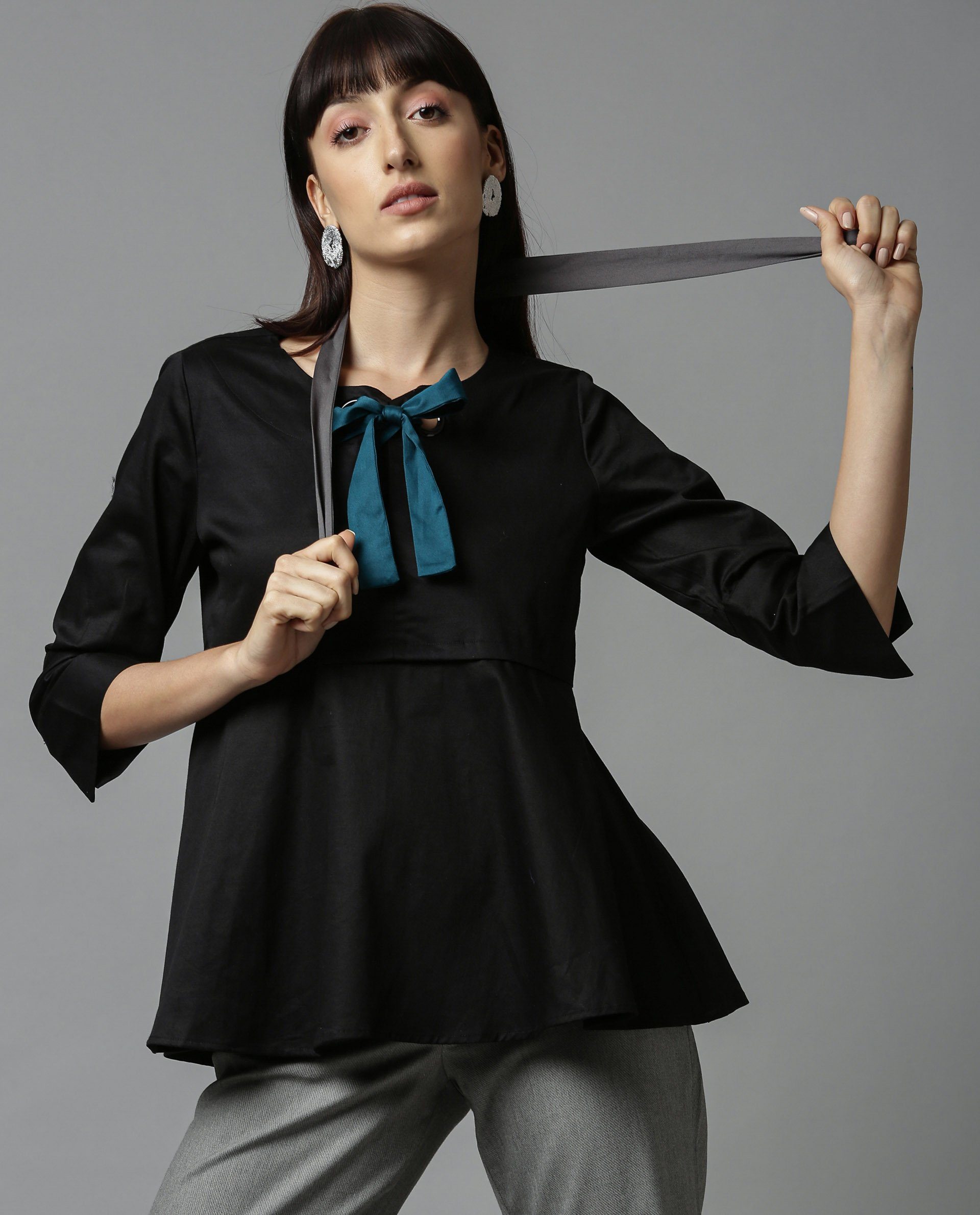 Rareism Women Rody Black Top Short Sleeves Solid
