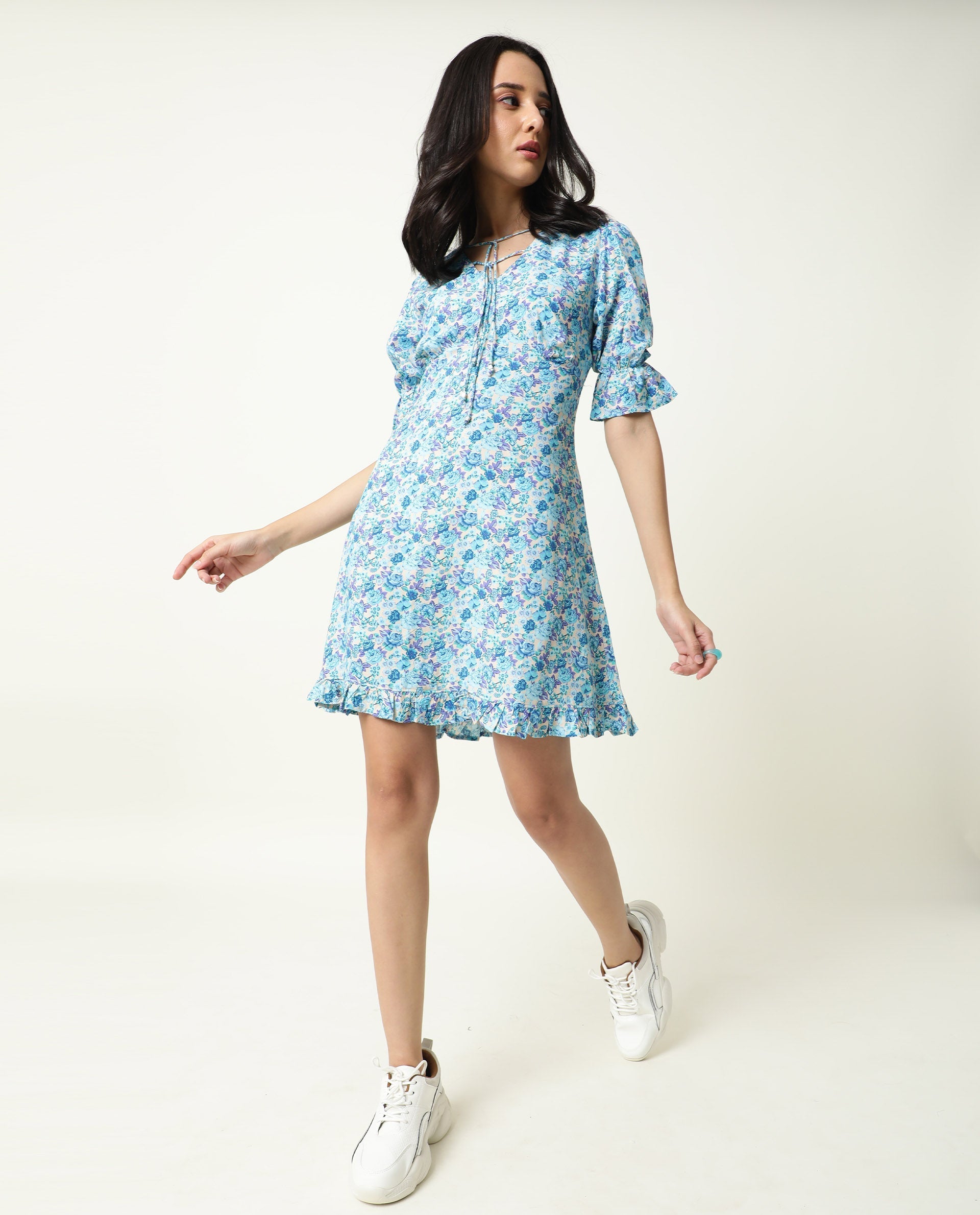 Rareism Women's Eon Blue Viscose V-Neck Floral Print Puff Sleeves Midi Slim Fit Dress