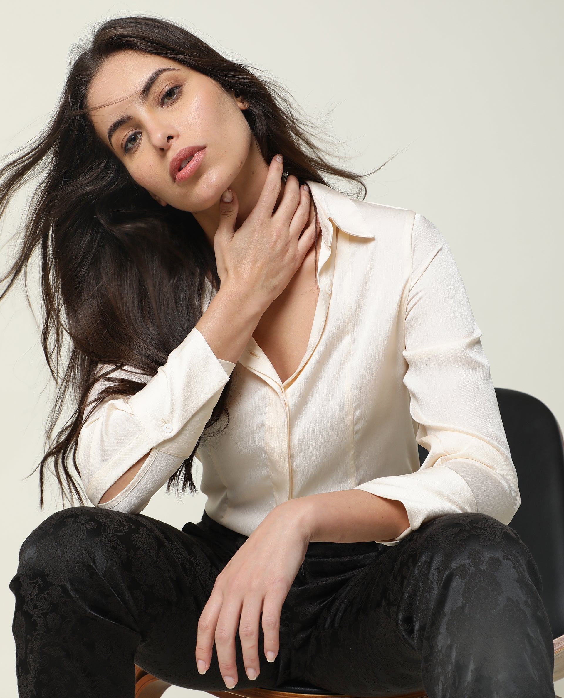 Rareism Women Wandy White Polyester Fabric Cuffed Sleeve Collared Neck Solid Shirt