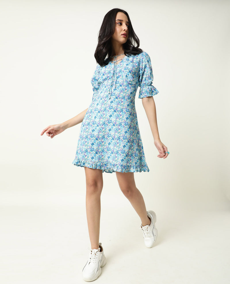 Rareism Women Eon Blue Printed V Neck Double Tie Up Puff And Ruffled Sleeves With Pockets Mini Dress