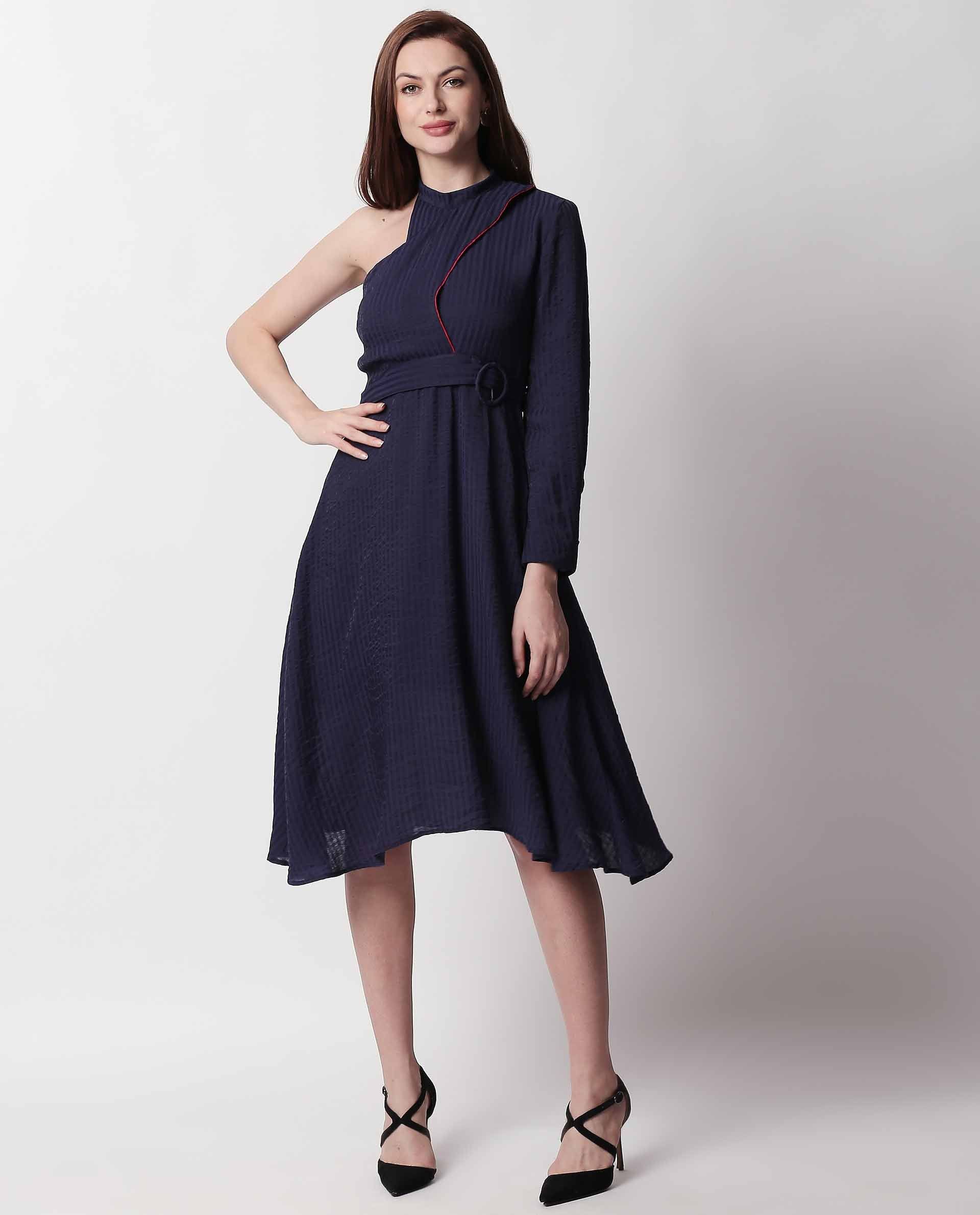 Rareism Women's Carnival Navy Tube Neck Plain Knee Length Regular Fit Dress