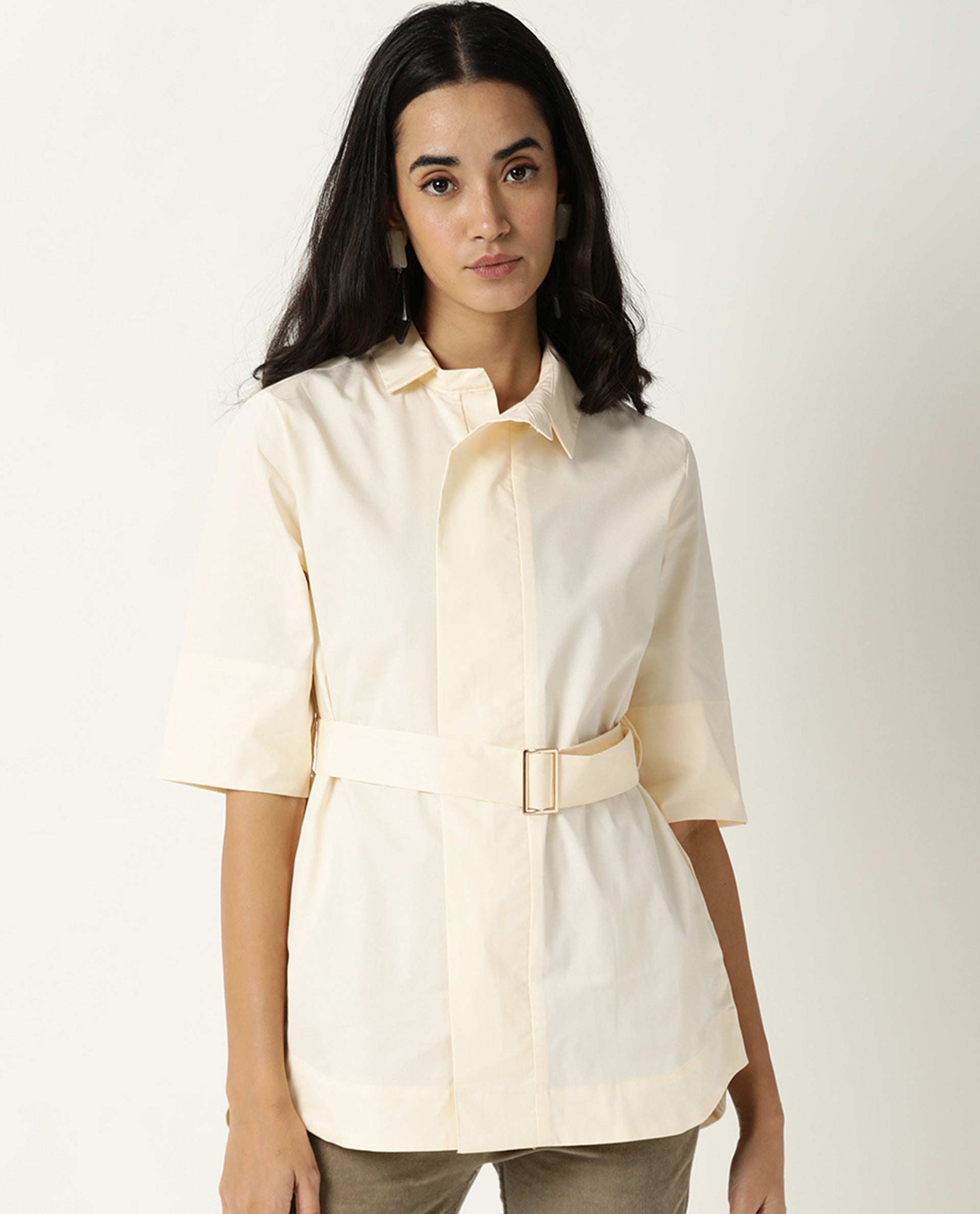 Rareism Women's Cisco Beige Cotton Blend Spread Collar Plain Knee Length Regular Fit Top