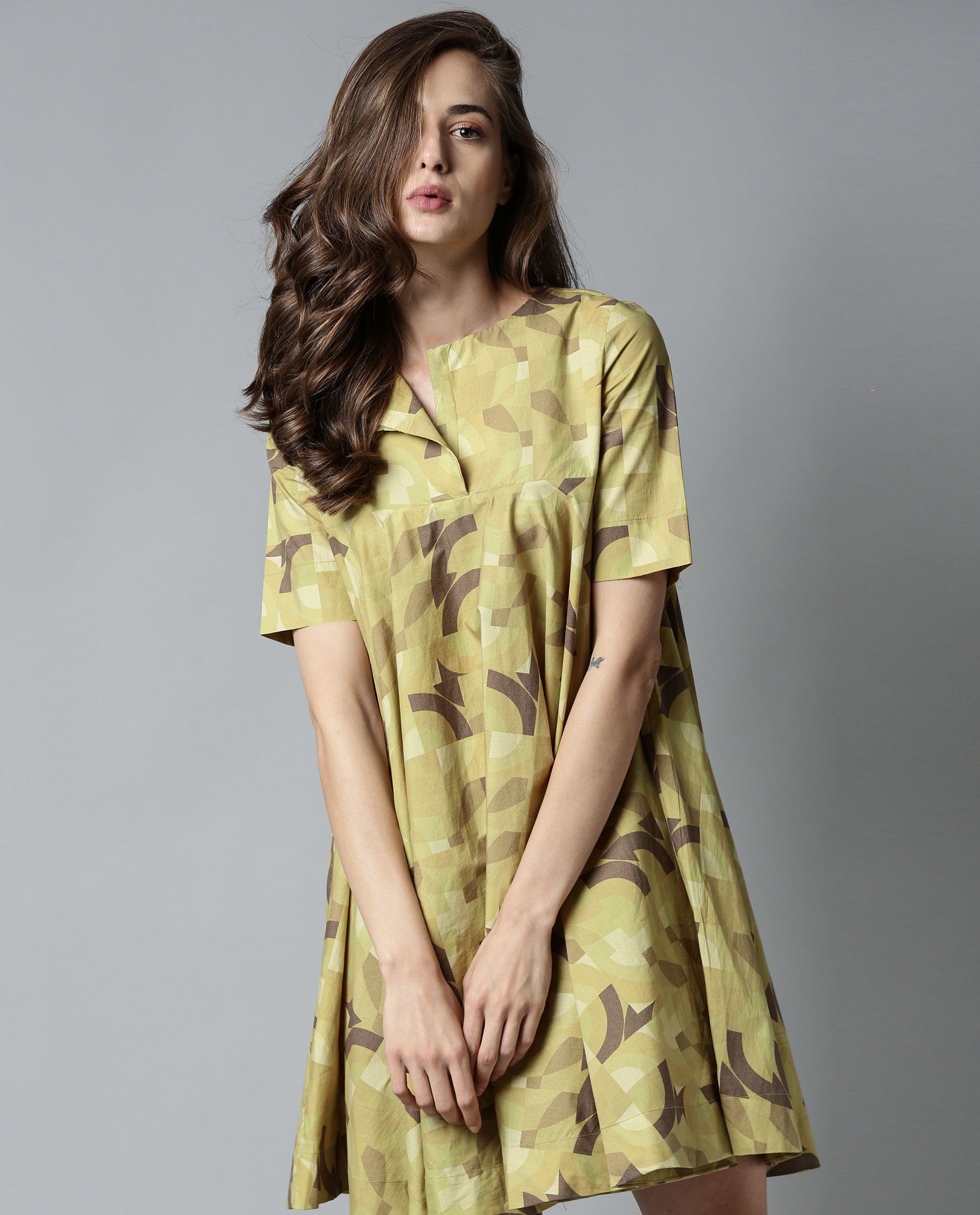 Rareism Women Novel Green Dress Short Sleeves Printed