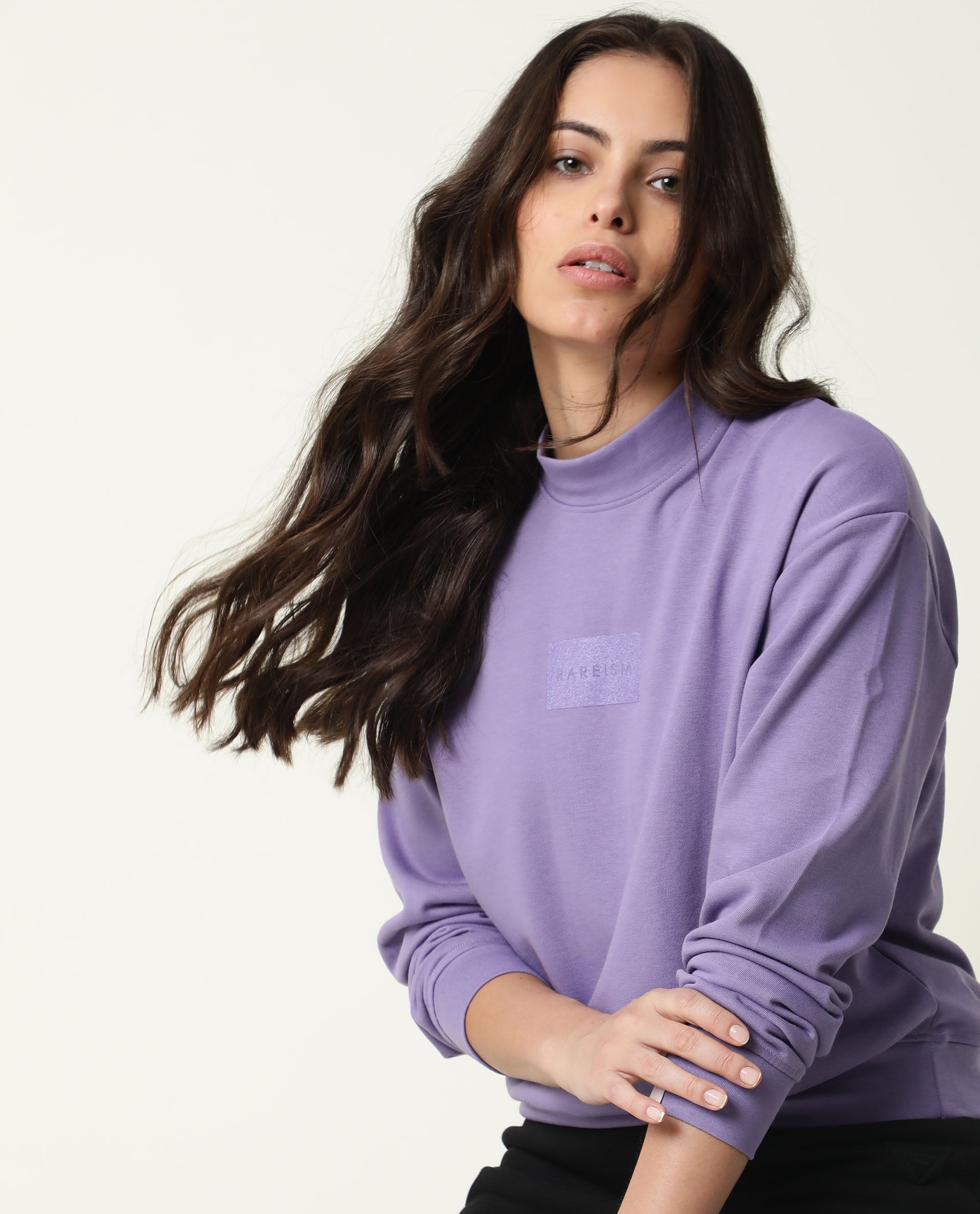 Rareism Women Hectare Pastel Purple Cotton Poly Fabric Relaxed Fit Full Sleeves Solid High Neck Sweatshirt