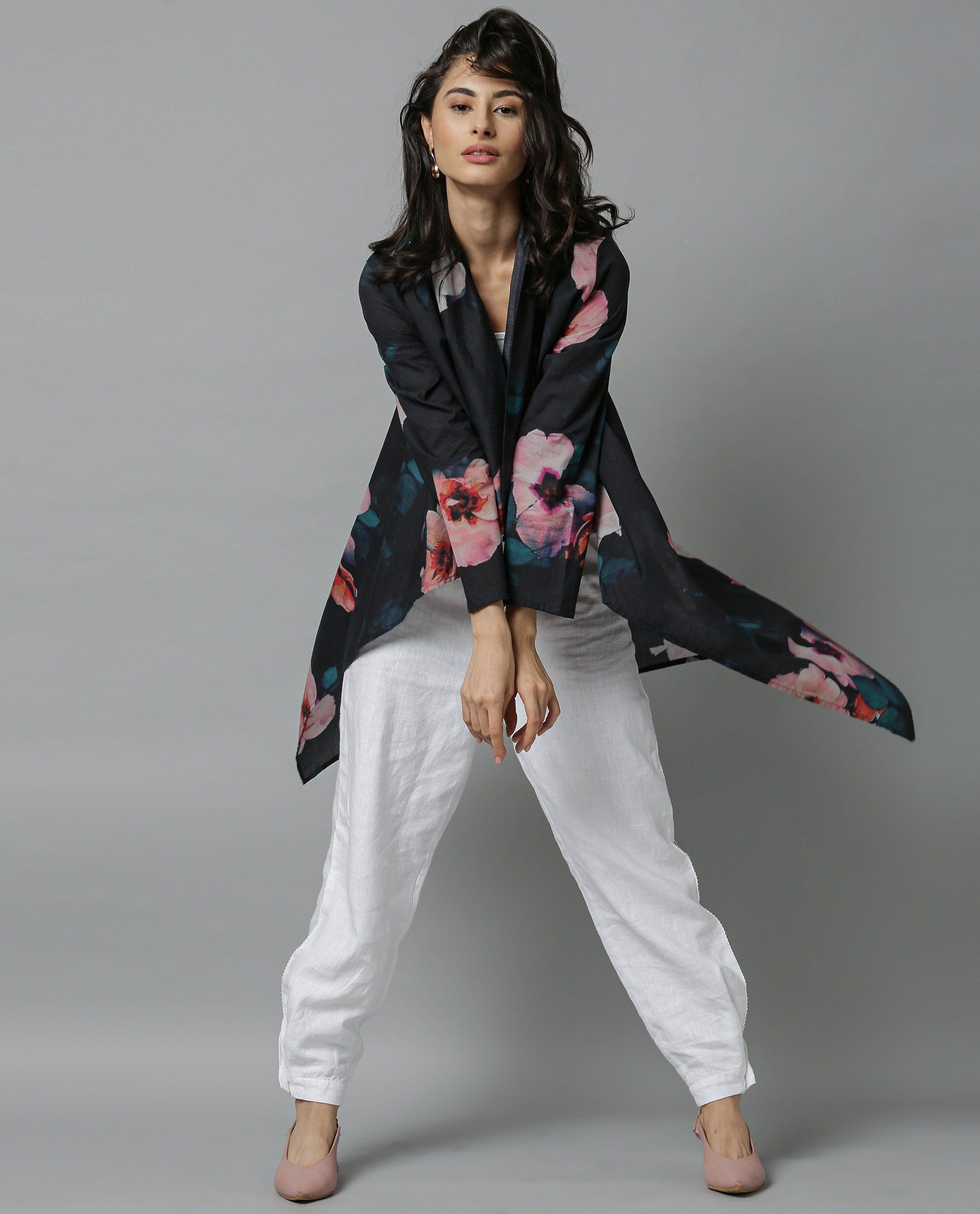 Rareism Women Vini Black Overlayer Full Sleeves Printed