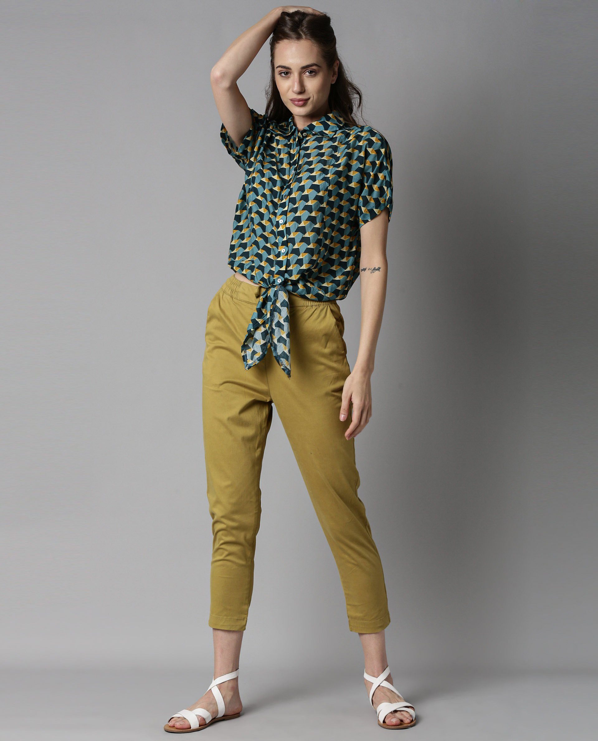Rareism Women Biza Blue Top Short Sleeves Printed