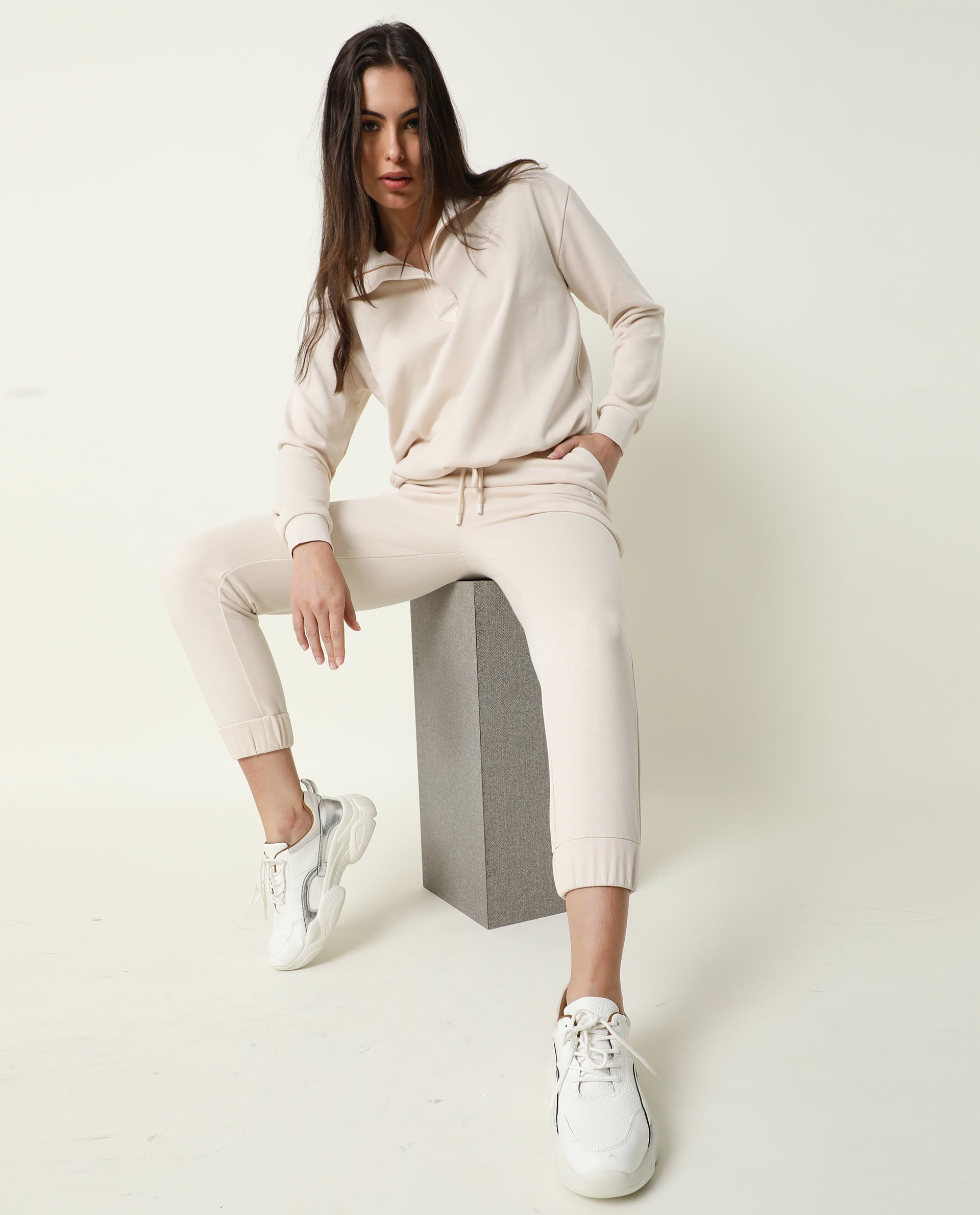 Rareism Women Maxine Beige Track Pant Cotton Fabric Drawstring Closure Solid