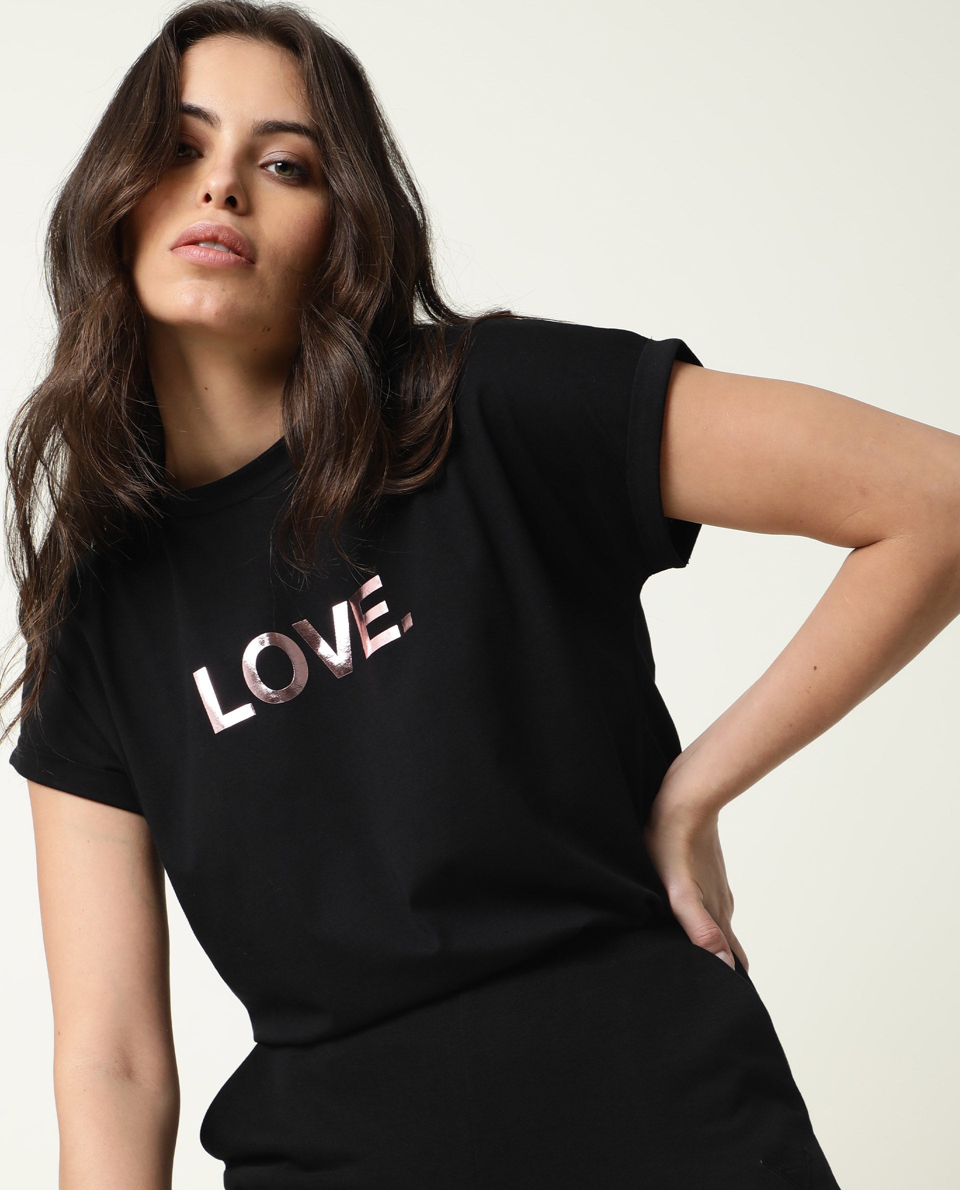 Rareism Womens Mild Black T-Shirt Cotton Fabric Regular Fit Extended Sleeves Crew Neck
