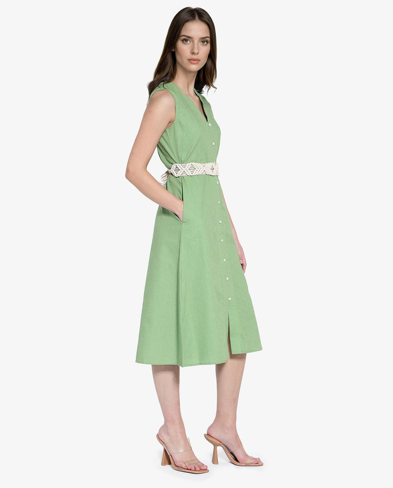 Rareism Women Foream Pastel Green Cotton Linen Fabric Sleeveless V-Neck Solid Longline Dress