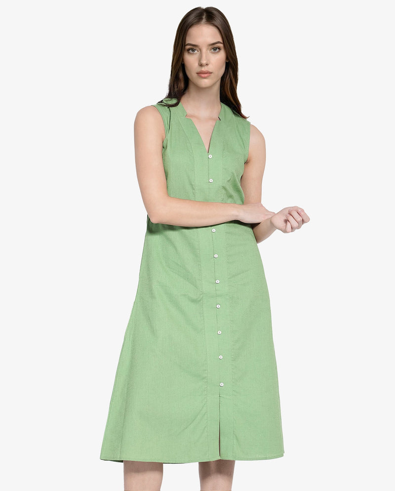 Rareism Women Foream Pastel Green Cotton Linen Fabric Sleeveless V-Neck Solid Longline Dress