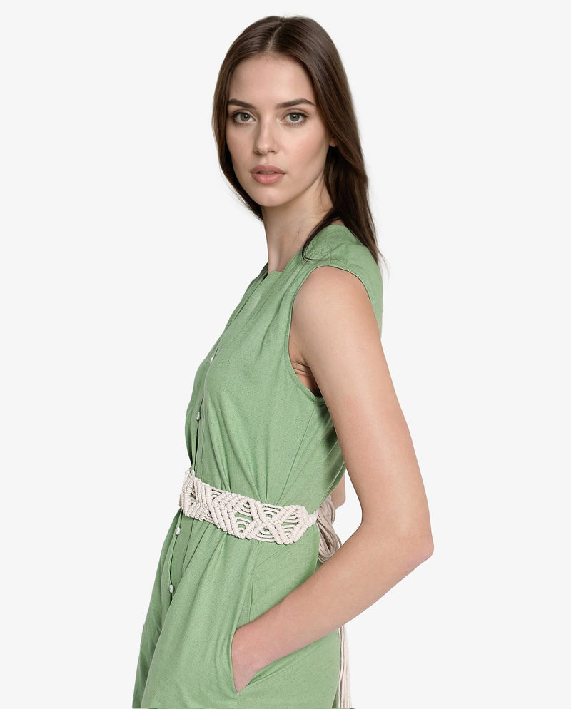 Rareism Women Foream Pastel Green Cotton Linen Fabric Sleeveless V-Neck Solid Longline Dress