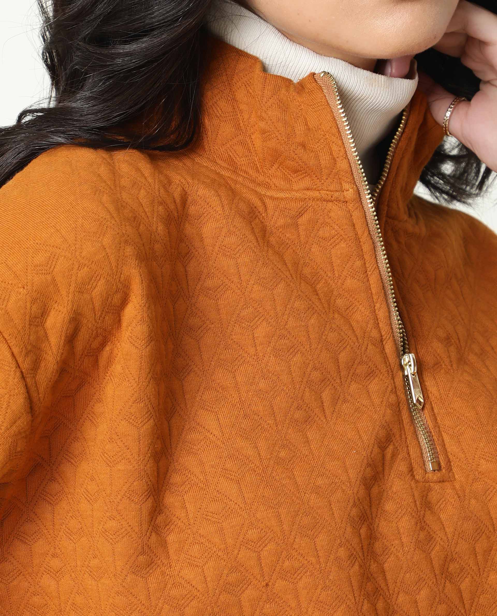 Rareism Women Bozo Dark Rust  Regular Fit Full Sleeves Textured High Neck Sweatshirt